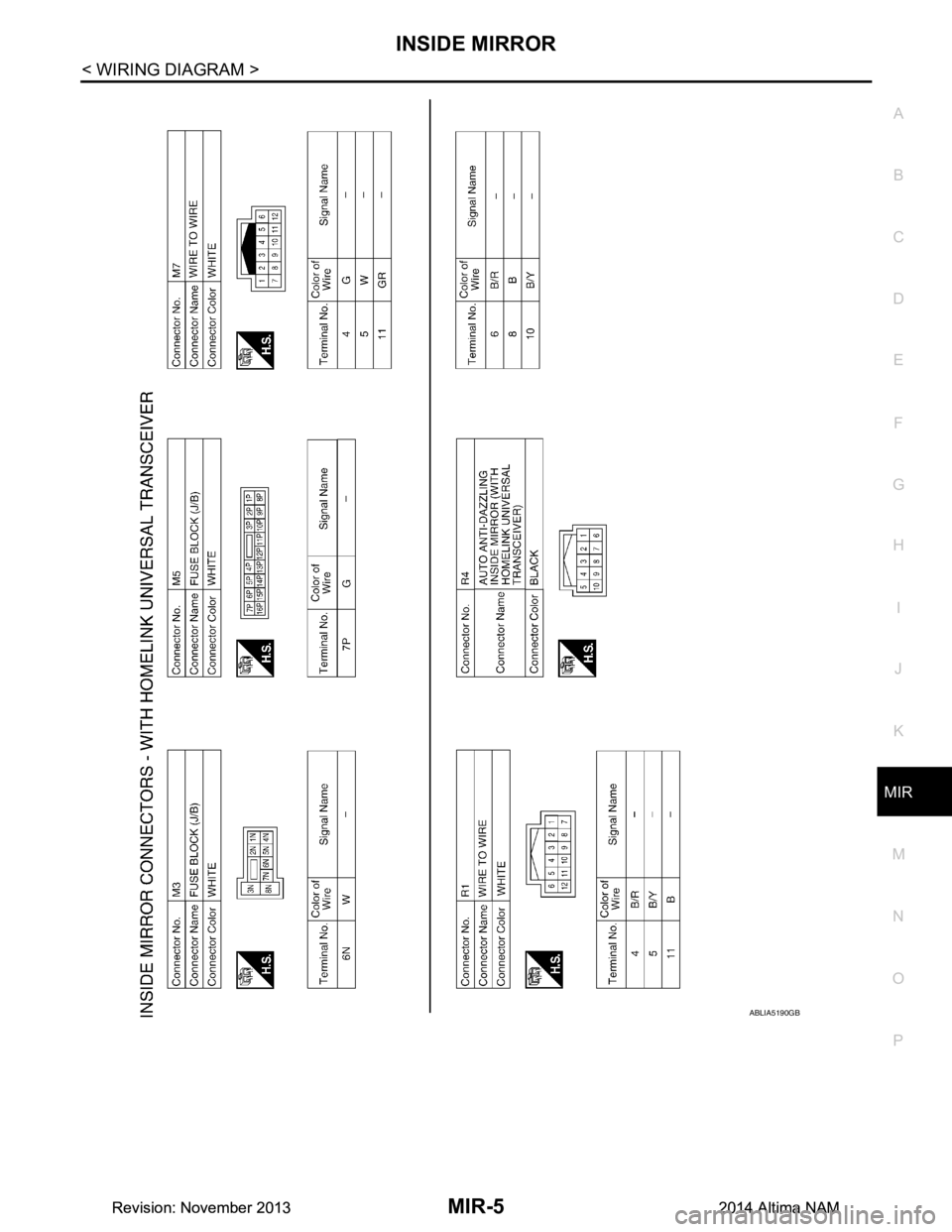 NISSAN TEANA 2014  Service Manual 
INSIDE MIRRORMIR-5
< WIRING DIAGRAM >
C 
D E
F
G H
I
J
K
M A 
B
MIR
N
O P
ABLIA5190GB
Revision: November 20132014 Altima NAMRevision: November 20132014 Altima NAM 