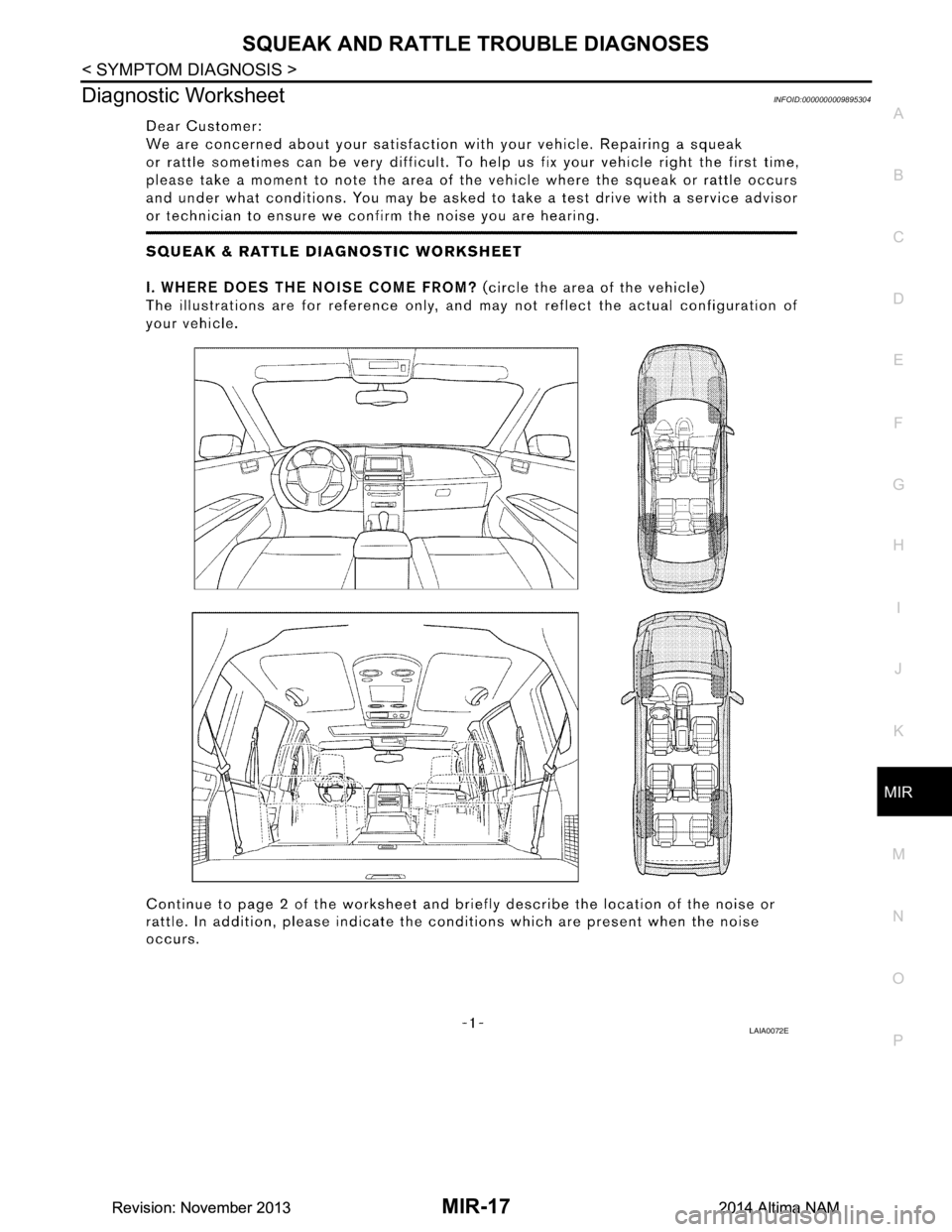 NISSAN TEANA 2014  Service Manual 
SQUEAK AND RATTLE TROUBLE DIAGNOSESMIR-17
< SYMPTOM DIAGNOSIS >
C 
D E
F
G H
I
J
K
M A 
B
MIR
N
O P
Diagnostic WorksheetINFOID:0000000009895304
LAIA0072E
Revision: November 20132014 Altima NAMRevisio