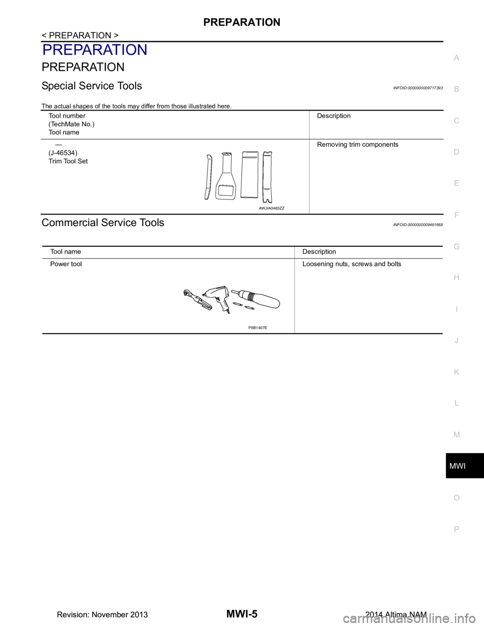 NISSAN TEANA 2014  Service Manual 
MWI
PREPARATIONMWI-5
< PREPARATION >
C 
D E
F
G H
I
J
K L
M B 
A
O P
PREPARATION
PREPARATION
Special Service ToolsINFOID:0000000009717393
The actual shapes of the tools may differ from those illustra