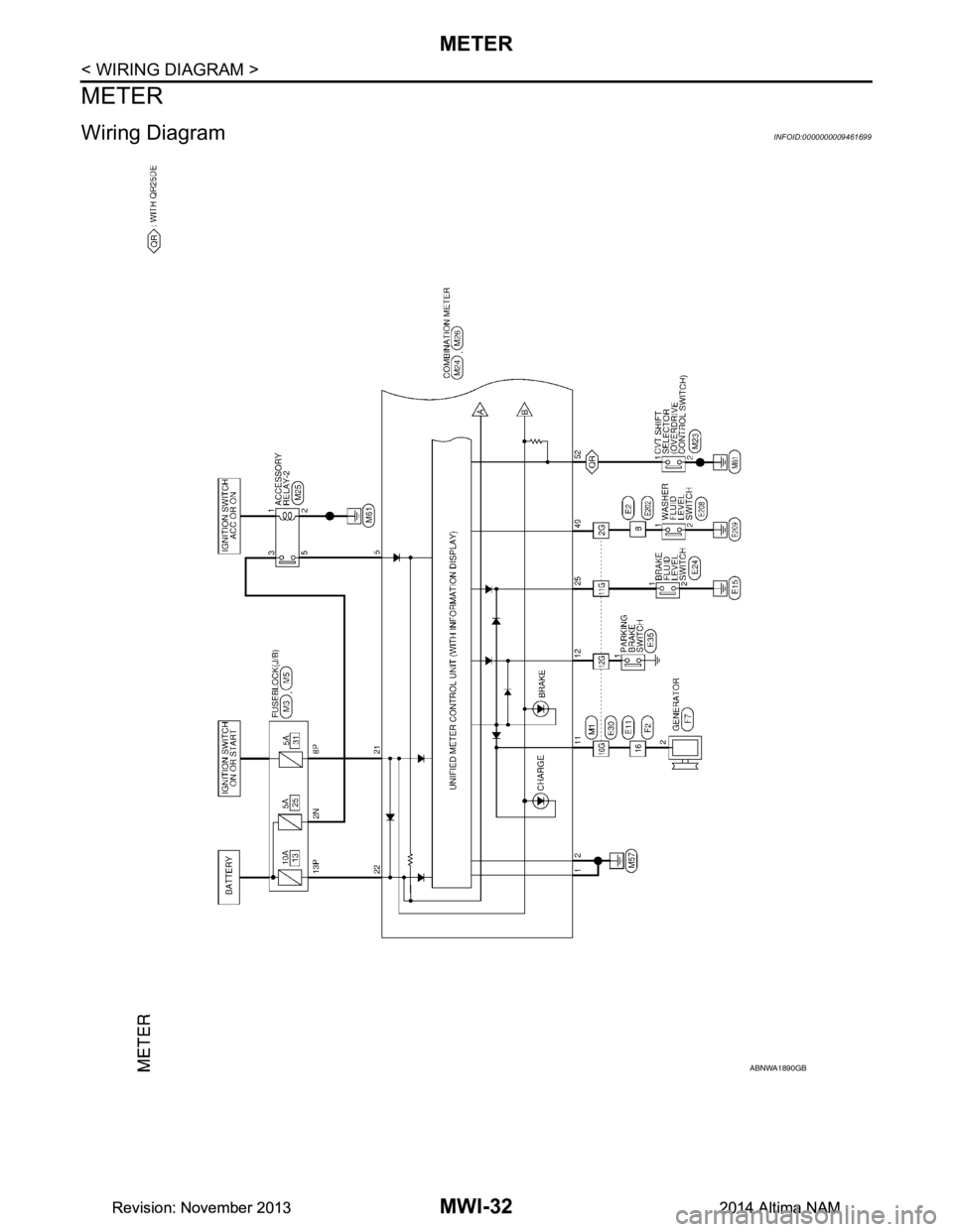 NISSAN TEANA 2014  Service Manual 
MWI-32
< WIRING DIAGRAM >
METER
METER
Wiring DiagramINFOID:0000000009461699
ABNWA1890GB
Revision: November 20132014 Altima NAMRevision: November 20132014 Altima NAM 