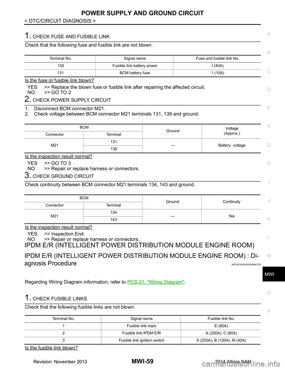 NISSAN TEANA 2014 Service Manual
MWI
POWER SUPPLY AND GROUND CIRCUITMWI-59
< DTC/CIRCUIT DIAGNOSIS >
C
D E
F
G H
I
J
K L
M B
A
O P
1. CHECK FUSE AND FUSIBLE LINK
Check that the following fuse and fusible link are not blown.
Is th NISSAN TEANA 2014 Service Manual
MWI
POWER SUPPLY AND GROUND CIRCUITMWI-59
< DTC/CIRCUIT DIAGNOSIS >
C
D E
F
G H
I
J
K L
M B
A
O P
1. CHECK FUSE AND FUSIBLE LINK
Check that the following fuse and fusible link are not blown.
Is th