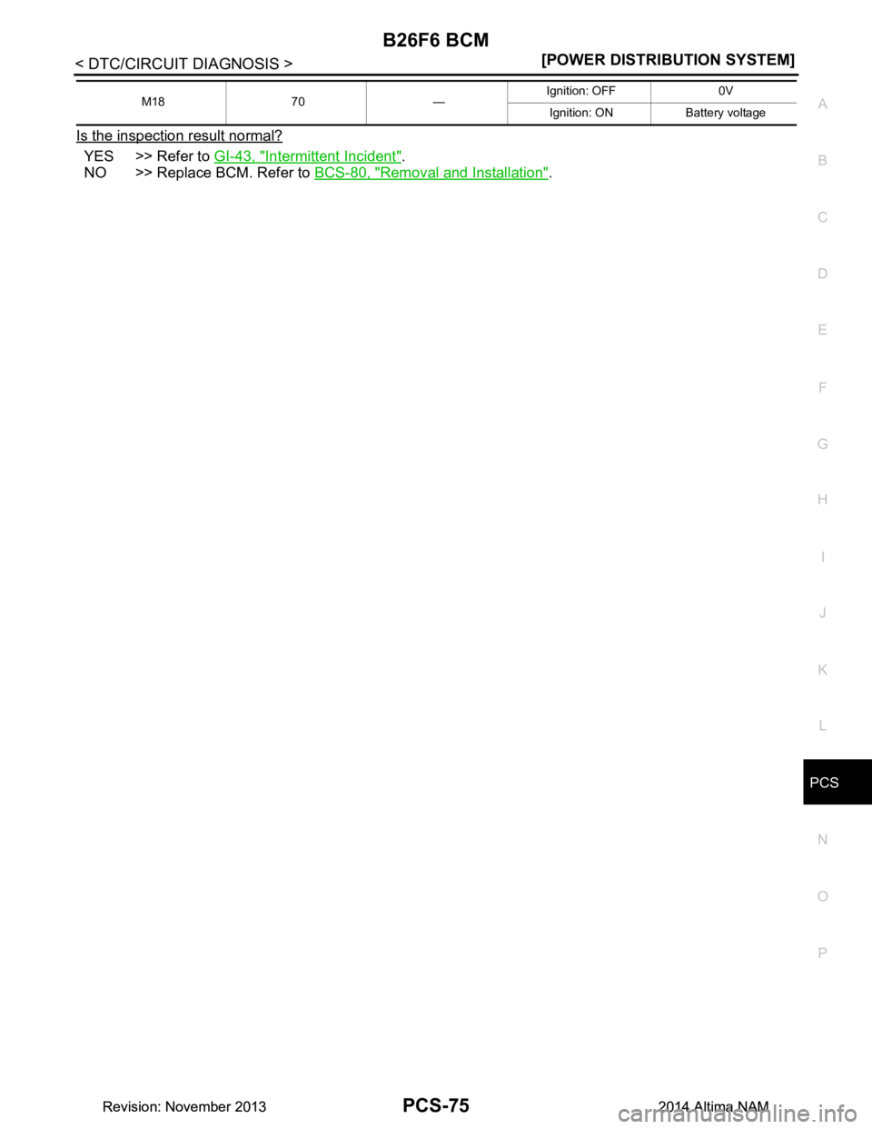 NISSAN TEANA 2014  Service Manual 
PCS
B26F6 BCMPCS-75
< DTC/CIRCUIT DIAGNOSIS > [POWER DISTRIBUTION SYSTEM]
C 
D E
F
G H
I
J
K L
B 
A
O P
N
Is the inspection result normal?
YES >> Refer to 
GI-43, "Intermittent Incident".
NO >> Repla