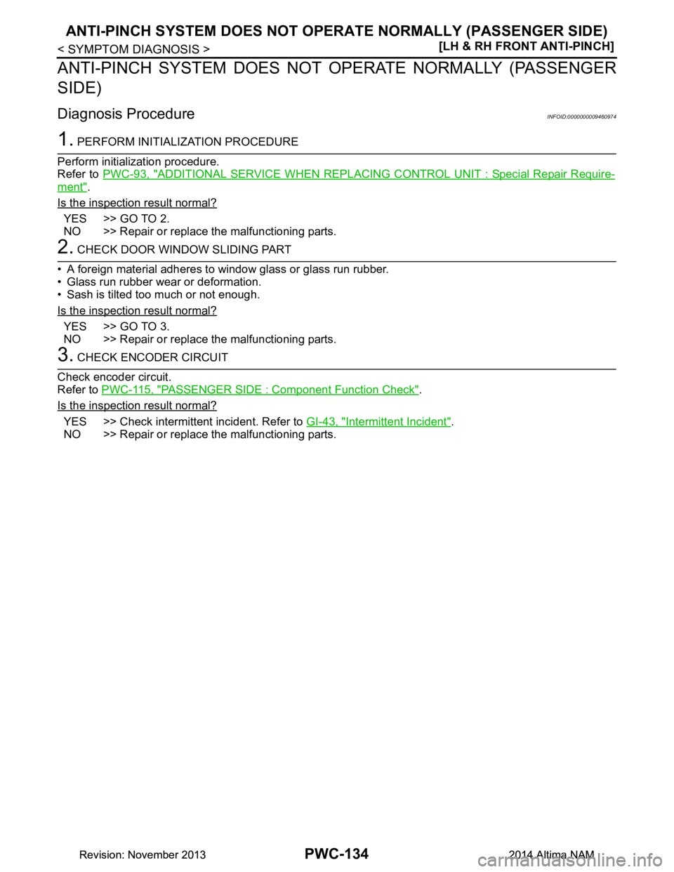 NISSAN TEANA 2014  Service Manual 
PWC-134
< SYMPTOM DIAGNOSIS >[LH & RH FRONT ANTI-PINCH]
ANTI-PINCH SYSTEM DOES 
NOT OPERATE NORMALLY (PASSENGER SIDE)
ANTI-PINCH SYSTEM DOES NOT  OPERATE NORMALLY (PASSENGER
SIDE)
Diagnosis Procedure