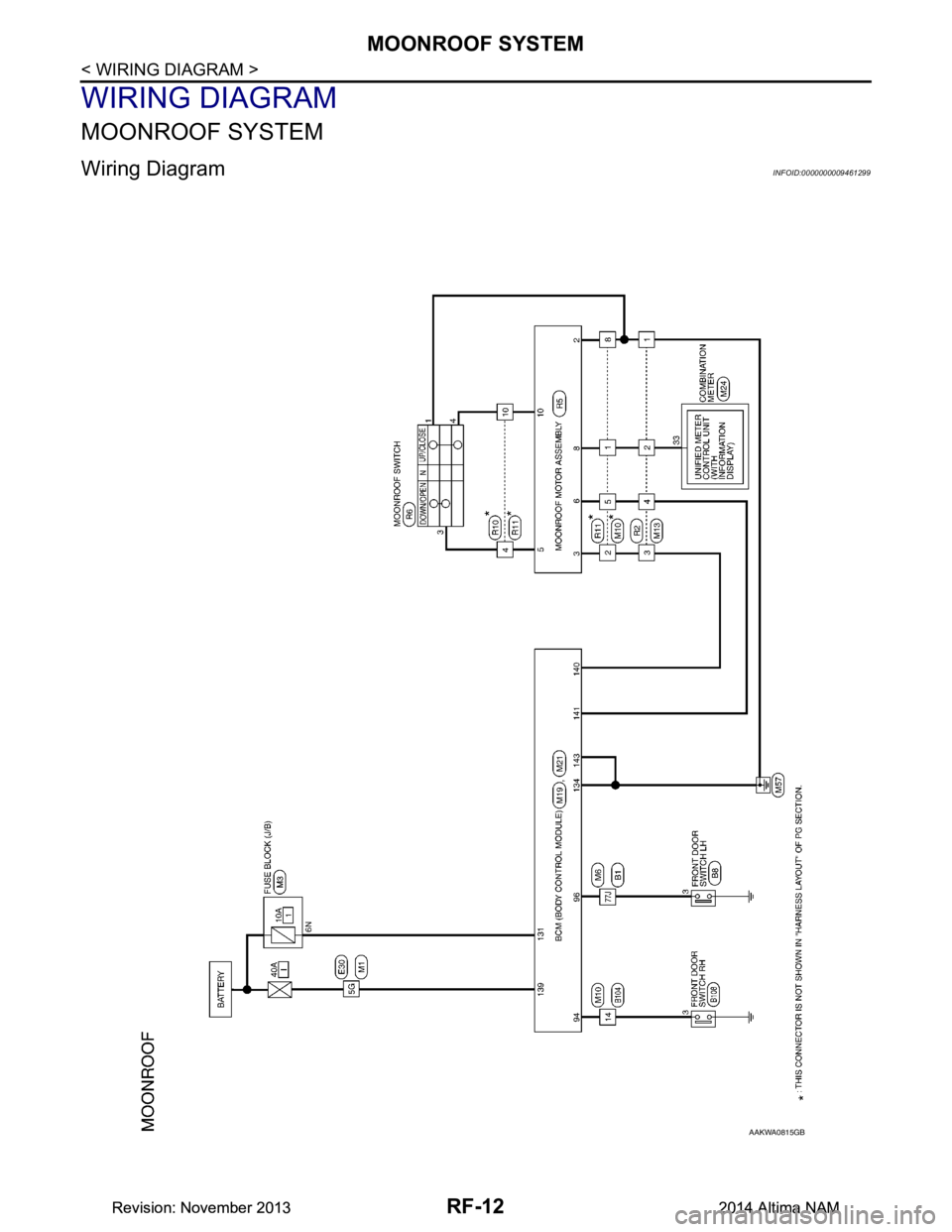 NISSAN TEANA 2014  Service Manual 
RF-12
< WIRING DIAGRAM >
MOONROOF SYSTEM
WIRING DIAGRAM
MOONROOF SYSTEM
Wiring DiagramINFOID:0000000009461299
AAKWA0815GB
Revision: November 20132014 Altima NAMRevision: November 20132014 Altima NAM 