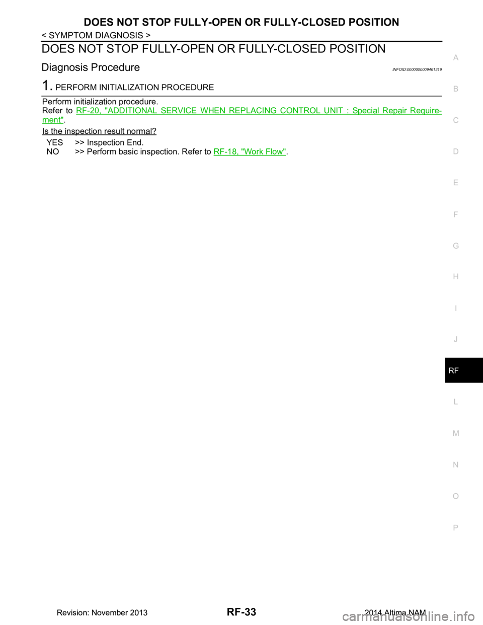 NISSAN TEANA 2014  Service Manual 
DOES NOT STOP FULLY-OPEN OR FULLY-CLOSED POSITION
RF-33
< SYMPTOM DIAGNOSIS >
C 
D E
F
G H
I
J
L
M A 
B
RF
N
O P
DOES NOT STOP FULLY-OPEN  OR FULLY-CLOSED POSITION
Diagnosis ProcedureINFOID:000000000