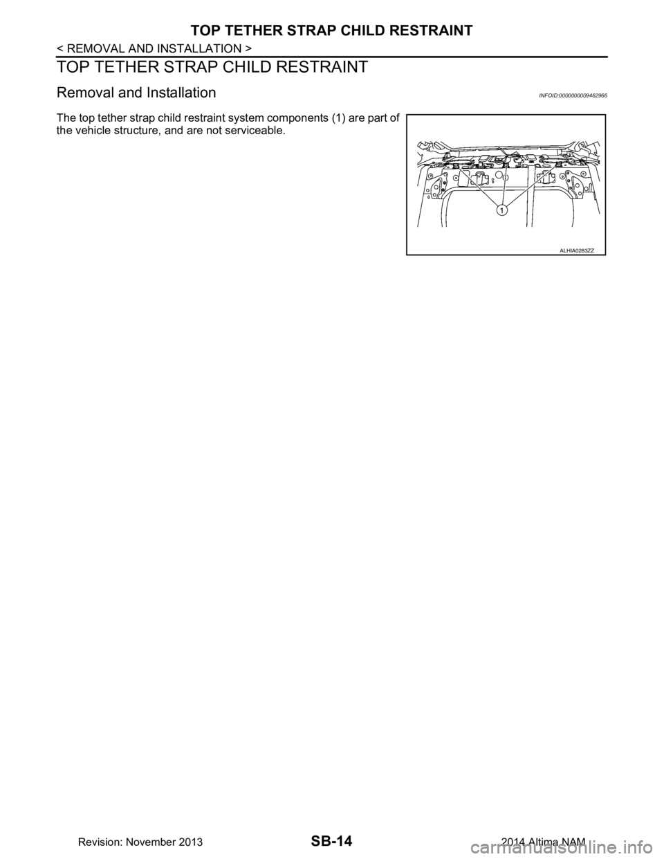 NISSAN TEANA 2014  Service Manual 
SB-14
< REMOVAL AND INSTALLATION >
TOP TETHER STRAP CHILD RESTRAINT
TOP TETHER STRAP CHILD RESTRAINT
Removal and InstallationINFOID:0000000009462966
The top tether strap child restraint system compon