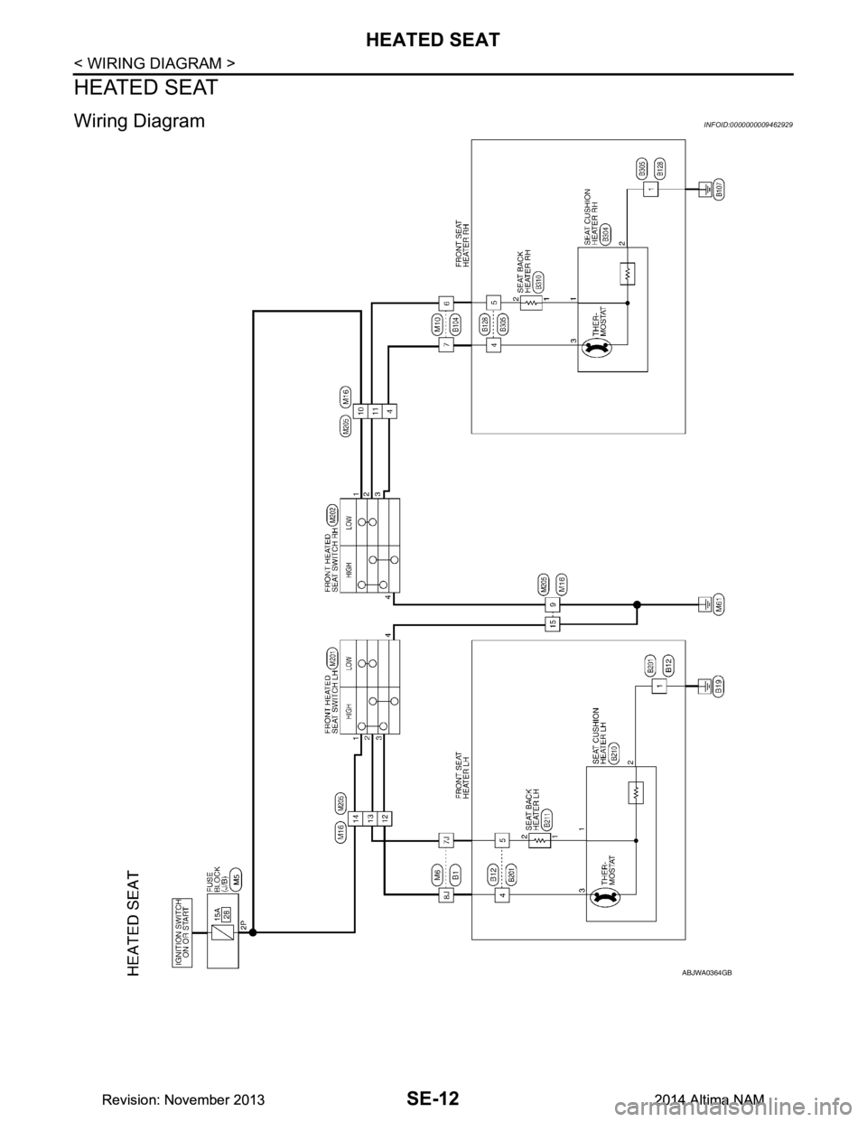 NISSAN TEANA 2014  Service Manual 
SE-12
< WIRING DIAGRAM >
HEATED SEAT
HEATED SEAT
Wiring DiagramINFOID:0000000009462929
ABJWA0364GB
Revision: November 20132014 Altima NAMRevision: November 20132014 Altima NAM 