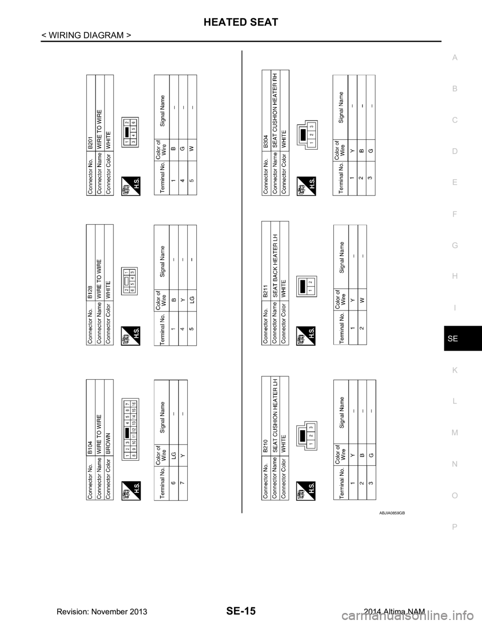 NISSAN TEANA 2014  Service Manual 
HEATED SEATSE-15
< WIRING DIAGRAM >
C 
D E
F
G H
I
K L
M A 
B
SE
N
O P
ABJIA0859GB
Revision: November 20132014 Altima NAMRevision: November 20132014 Altima NAM 
