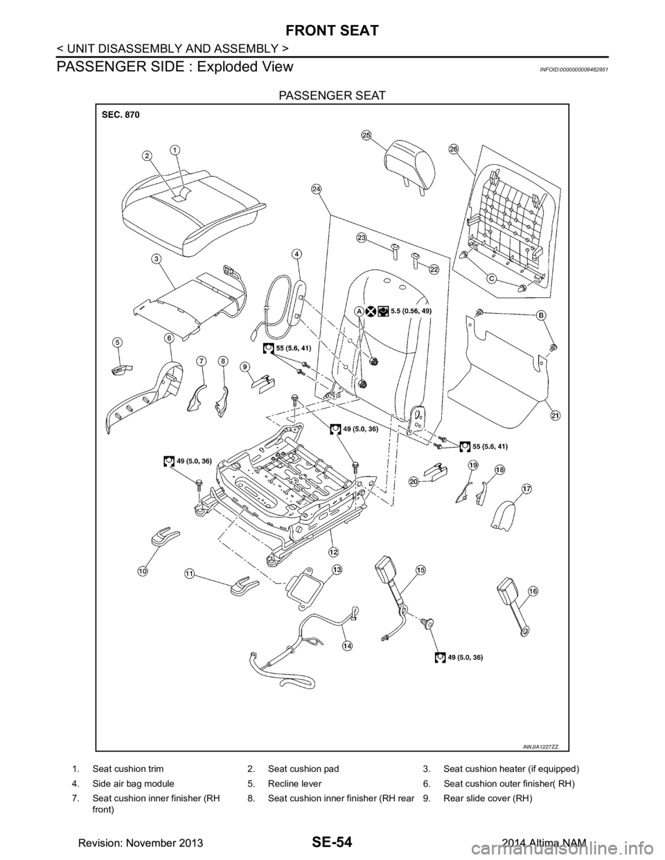 NISSAN TEANA 2014  Service Manual 
SE-54
< UNIT DISASSEMBLY AND ASSEMBLY >
FRONT SEAT
PASSENGER SIDE : Exploded View
INFOID:0000000009462951
PASSENGER SEAT
AWJIA1227ZZ
1. Seat cushion trim 2. Seat cushion pad 3. Seat cushion heater (i