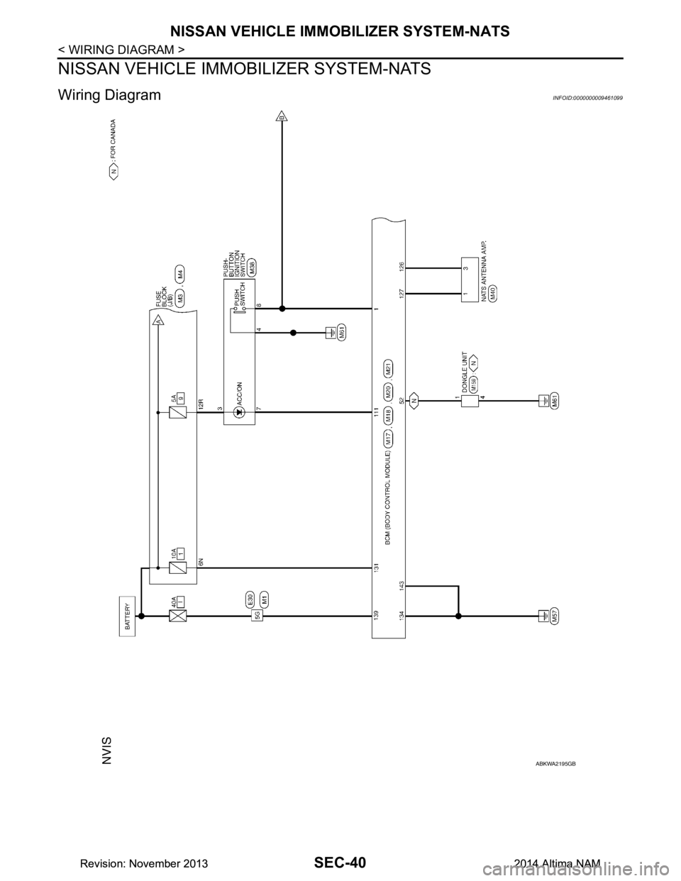 NISSAN TEANA 2014  Service Manual 
SEC-40
< WIRING DIAGRAM >
NISSAN VEHICLE IMMOBILIZER SYSTEM-NATS
NISSAN VEHICLE IMMOBILIZER SYSTEM-NATS
Wiring DiagramINFOID:0000000009461099
ABKWA2195GB
Revision: November 20132014 Altima NAMRevisio