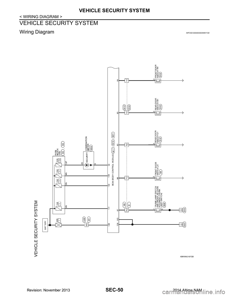 NISSAN TEANA 2014  Service Manual 
SEC-50
< WIRING DIAGRAM >
VEHICLE SECURITY SYSTEM
VEHICLE SECURITY SYSTEM
Wiring DiagramINFOID:0000000009461100
ABKWA2187GB
Revision: November 20132014 Altima NAMRevision: November 20132014 Altima NA