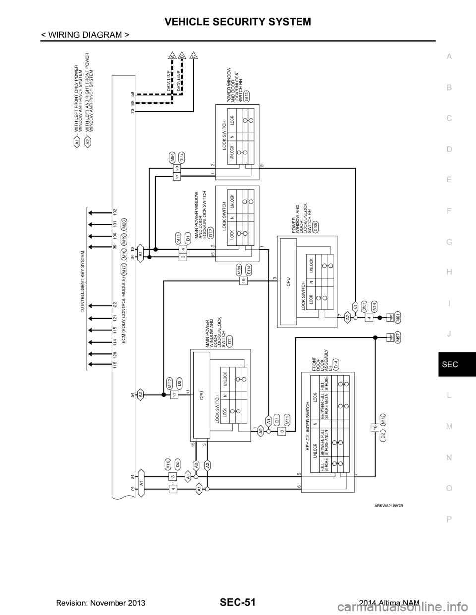 NISSAN TEANA 2014  Service Manual 
VEHICLE SECURITY SYSTEMSEC-51
< WIRING DIAGRAM >
C 
D E
F
G H
I
J
L
M A 
B
SEC
N
O P
ABKWA2188GB
Revision: November 20132014 Altima NAMRevision: November 20132014 Altima NAM 