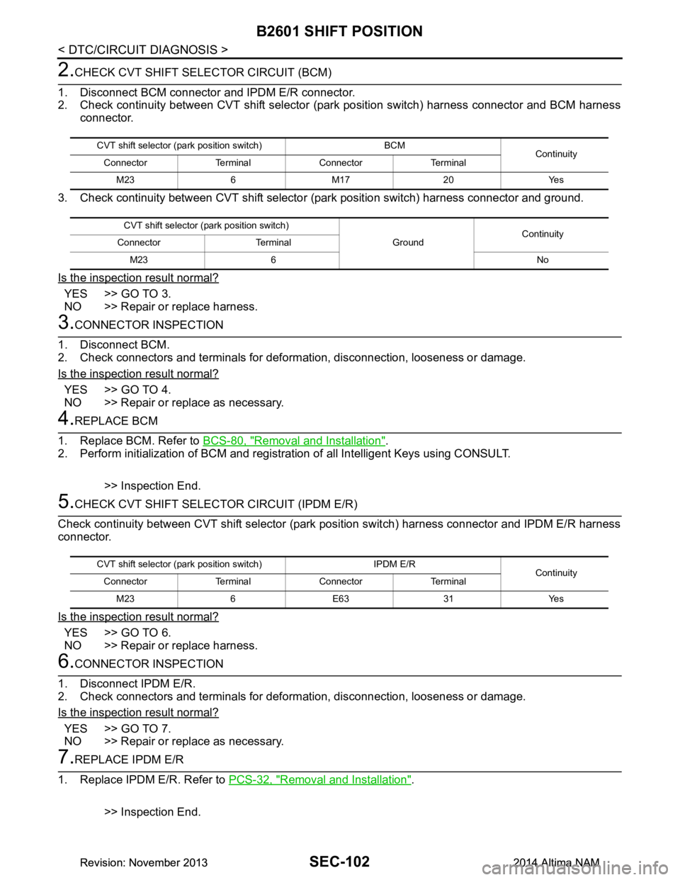 NISSAN TEANA 2014 Service Manual
SEC-102
< DTC/CIRCUIT DIAGNOSIS >
B2601 SHIFT POSITION
2.CHECK CVT SHIFT SELECTOR CIRCUIT (BCM)
1. Disconnect BCM connector and IPDM E/R connector.
2. Check continuity between CVT shift selector (p NISSAN TEANA 2014 Service Manual
SEC-102
< DTC/CIRCUIT DIAGNOSIS >
B2601 SHIFT POSITION
2.CHECK CVT SHIFT SELECTOR CIRCUIT (BCM)
1. Disconnect BCM connector and IPDM E/R connector.
2. Check continuity between CVT shift selector (p