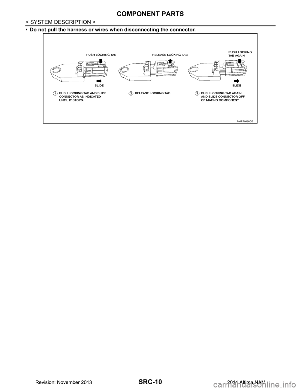 NISSAN TEANA 2014  Service Manual 
SRC-10
< SYSTEM DESCRIPTION >
COMPONENT PARTS
• Do not pull the harness or wires when disconnecting the connector.
AAMIA0498GB
Revision: November 20132014 Altima NAMRevision: November 20132014 Alti