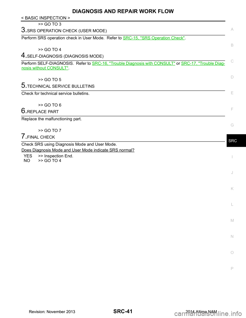 NISSAN TEANA 2014  Service Manual 
DIAGNOSIS AND REPAIR WORK FLOWSRC-41
< BASIC INSPECTION >
C 
D E
F
G
I
J
K L
M A 
B
SRC
N
O P
>> GO TO 3
3.SRS OPERATION CHECK (USER MODE)
Perform SRS operation check in User Mode.  Refer to  SRC-15,