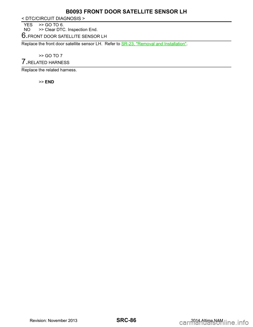 NISSAN TEANA 2014  Service Manual 
SRC-86
< DTC/CIRCUIT DIAGNOSIS >
B0093 FRONT DOOR SATELLITE SENSOR LH
YES >> GO TO 6. 
NO >> Clear DTC. Inspection End.
6.FRONT DOOR SATELLITE SENSOR LH
Replace the front door satellite sensor LH.  R