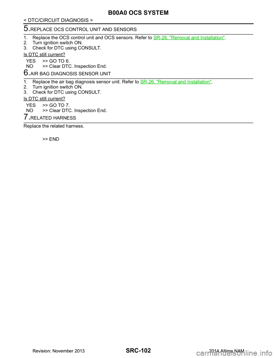 NISSAN TEANA 2014  Service Manual 
SRC-102
< DTC/CIRCUIT DIAGNOSIS >
B00A0 OCS SYSTEM
5.REPLACE OCS CONTROL UNIT AND SENSORS
1. Replace the OCS control unit and OCS sensors. Refer to  SR-28, "Removal and Installation"
.
2. Turn igniti