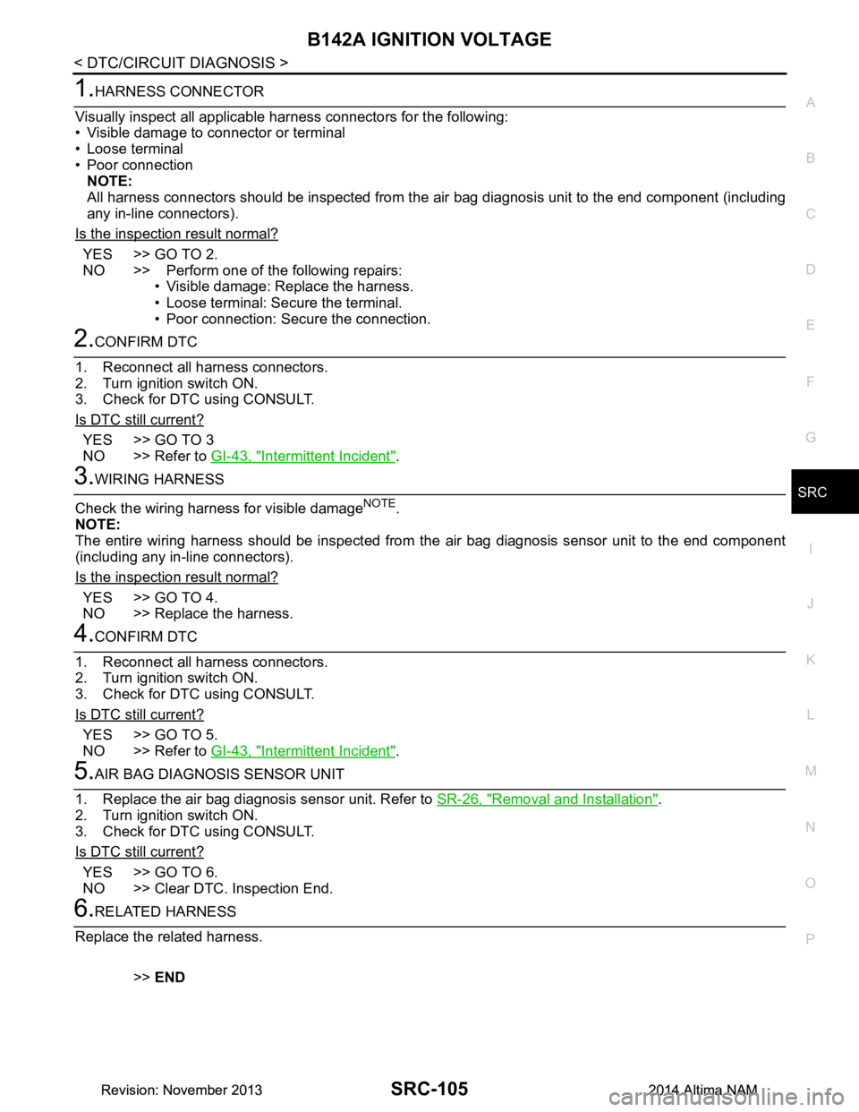 NISSAN TEANA 2014  Service Manual 
B142A IGNITION VOLTAGESRC-105
< DTC/CIRCUIT DIAGNOSIS >
C 
D E
F
G
I
J
K L
M A 
B
SRC
N
O P
1.HARNESS CONNECTOR
Visually inspect all applicable harness connectors for the following: 
• Visible dama
