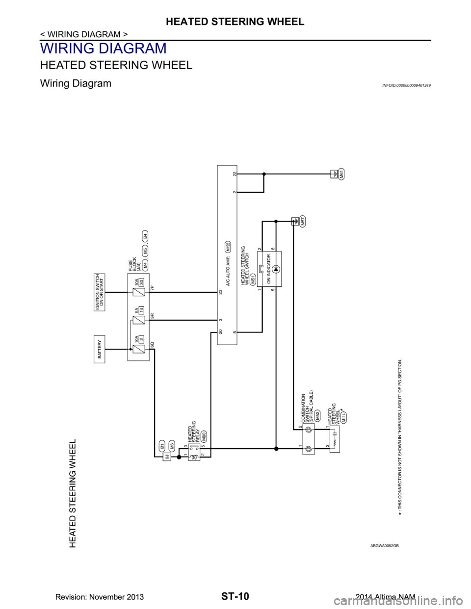 NISSAN TEANA 2014  Service Manual 
ST-10
< WIRING DIAGRAM >
HEATED STEERING WHEEL
WIRING DIAGRAM
HEATED STEERING WHEEL
Wiring DiagramINFOID:0000000009461249
ABGWA0062GB
Revision: November 20132014 Altima NAMRevision: November 20132014