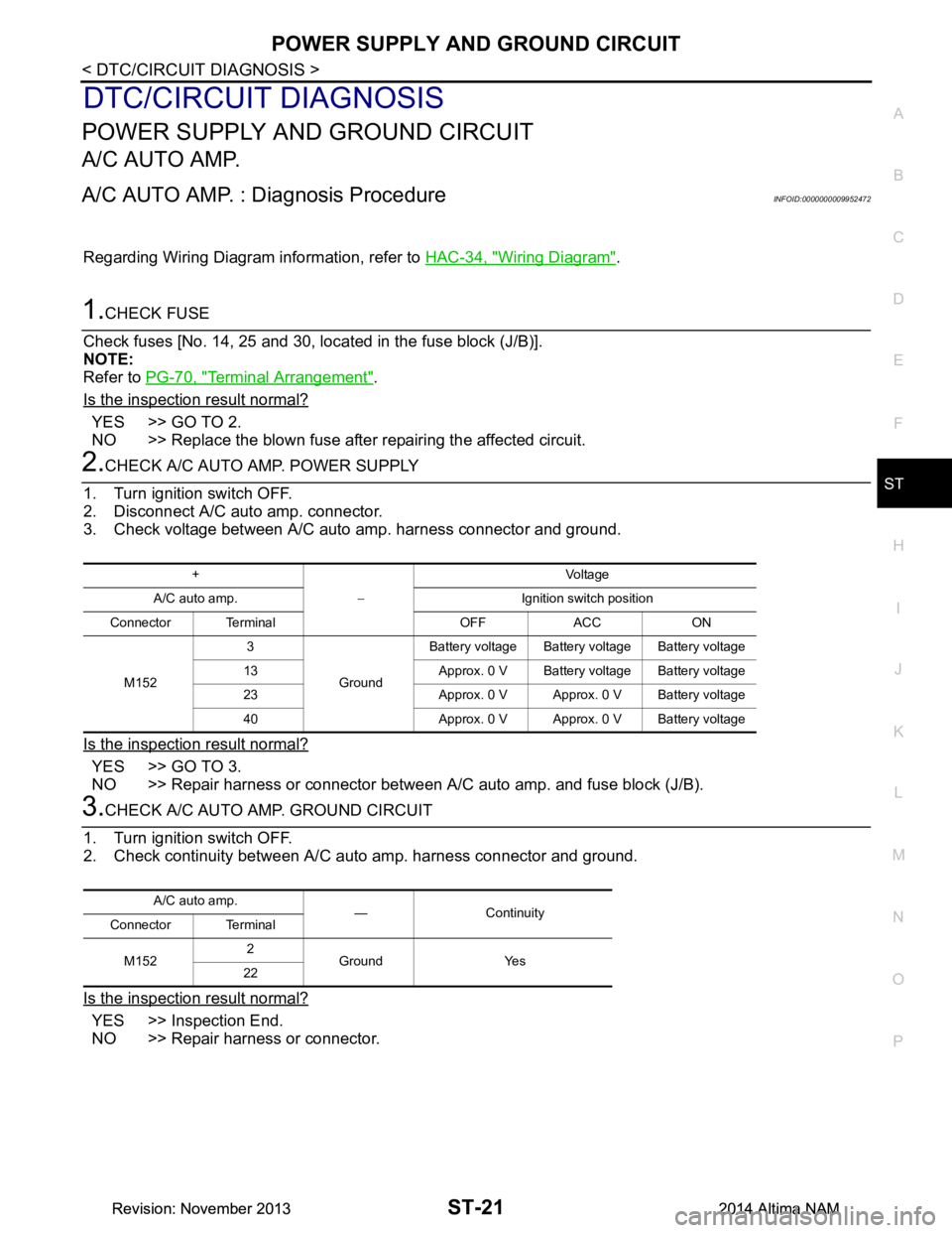 NISSAN TEANA 2014  Service Manual 
POWER SUPPLY AND GROUND CIRCUITST-21
< DTC/CIRCUIT DIAGNOSIS >
C 
D E
F
H I
J
K L
M A 
B
ST
N
O P
DTC/CIRCUIT DIAGNOSIS
POWER SUPPLY AND GROUND CIRCUIT
A/C AUTO AMP.
A/C AUTO AMP. : Diagnosis Procedu