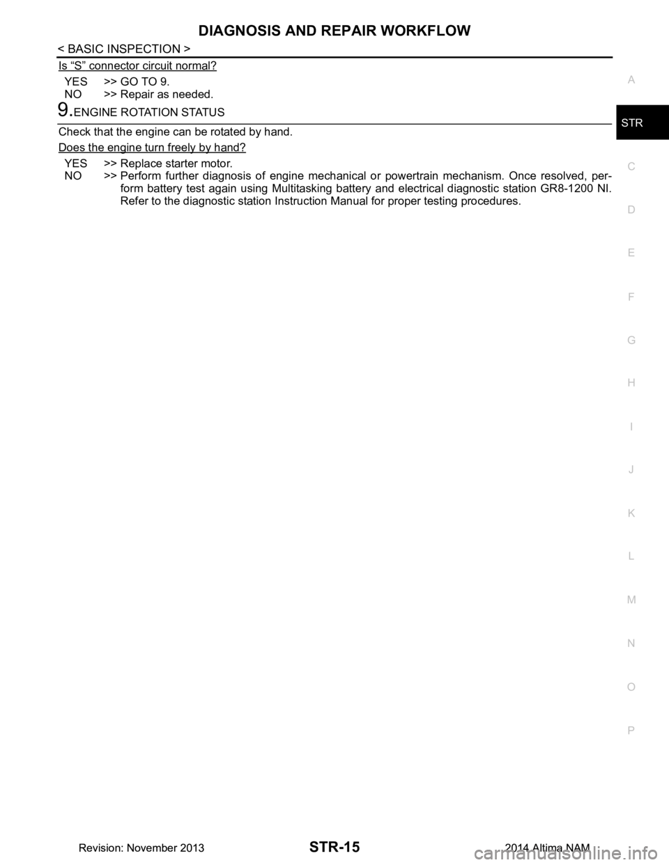 NISSAN TEANA 2014  Service Manual 
DIAGNOSIS AND REPAIR WORKFLOWSTR-15
< BASIC INSPECTION >
C 
D E
F
G H
I
J
K L
M A
STR
NP
O
Is “S” connector circuit normal?
YES >> GO TO 9. 
NO >> Repair as needed.
9.ENGINE ROTATION STATUS
Check
