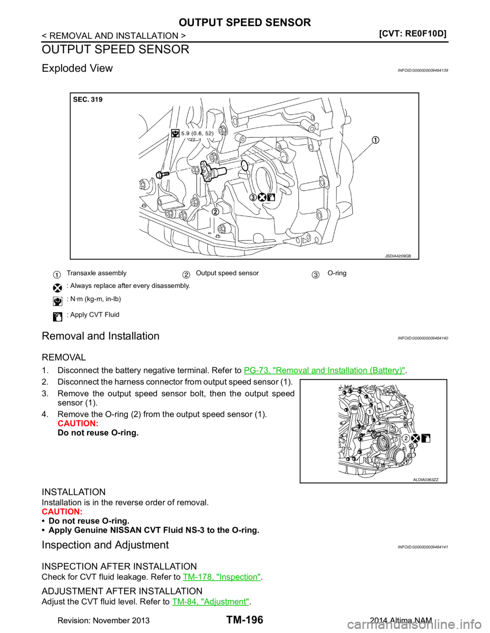 NISSAN TEANA 2014  Service Manual 
TM-196
< REMOVAL AND INSTALLATION >[CVT: RE0F10D]
OUTPUT SPEED SENSOR
OUTPUT SPEED SENSOR
Exploded ViewINFOID:0000000009464139
Removal and InstallationINFOID:0000000009464140
REMOVAL
1. Disconnect th