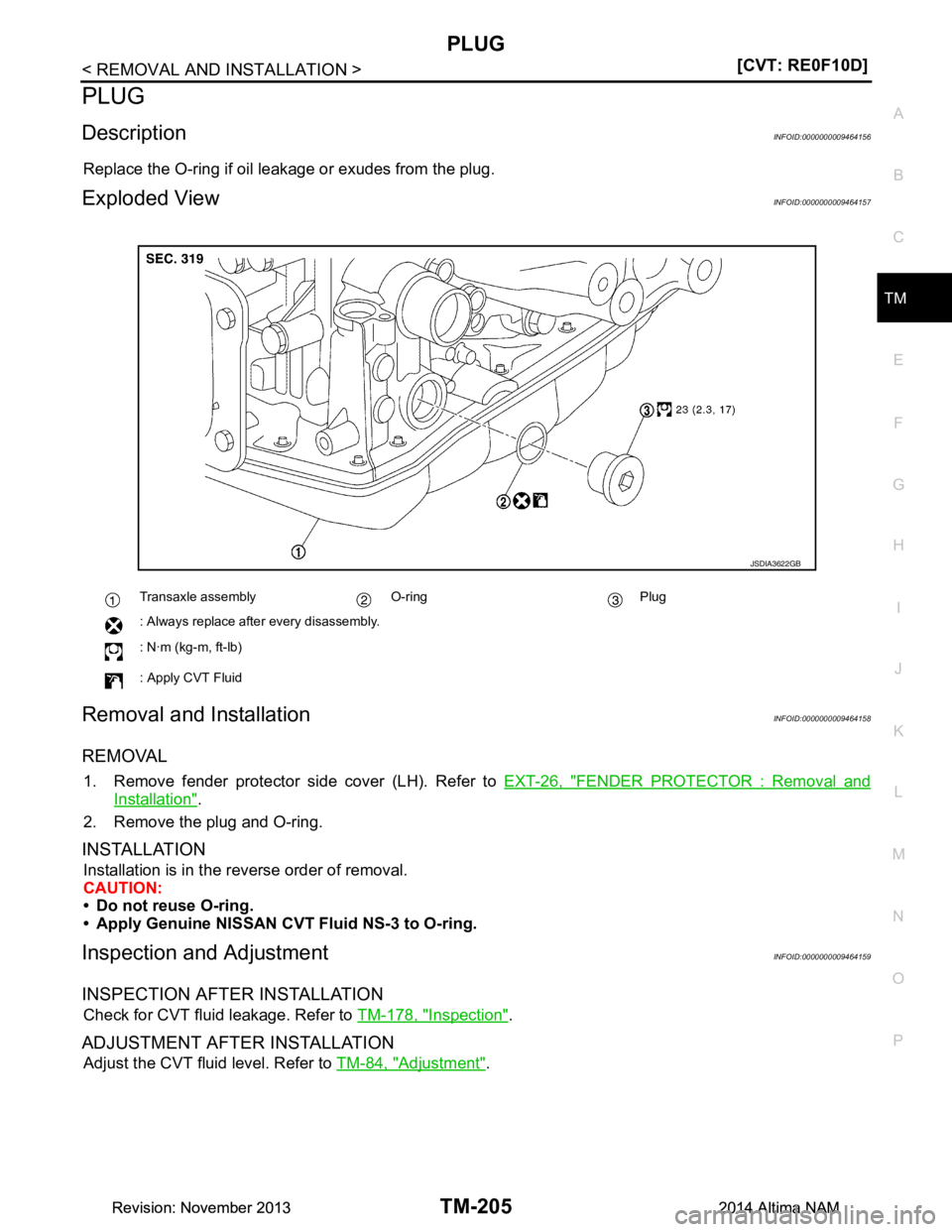 NISSAN TEANA 2014  Service Manual 
PLUG
TM-205
< REMOVAL AND INSTALLATION > [CVT: RE0F10D]
C
EF
G H
I
J
K L
M A 
B
TM
N
O P
PLUG
DescriptionINFOID:0000000009464156
Replace the O-ring if oil leakage or exudes from the plug.
Exploded Vi