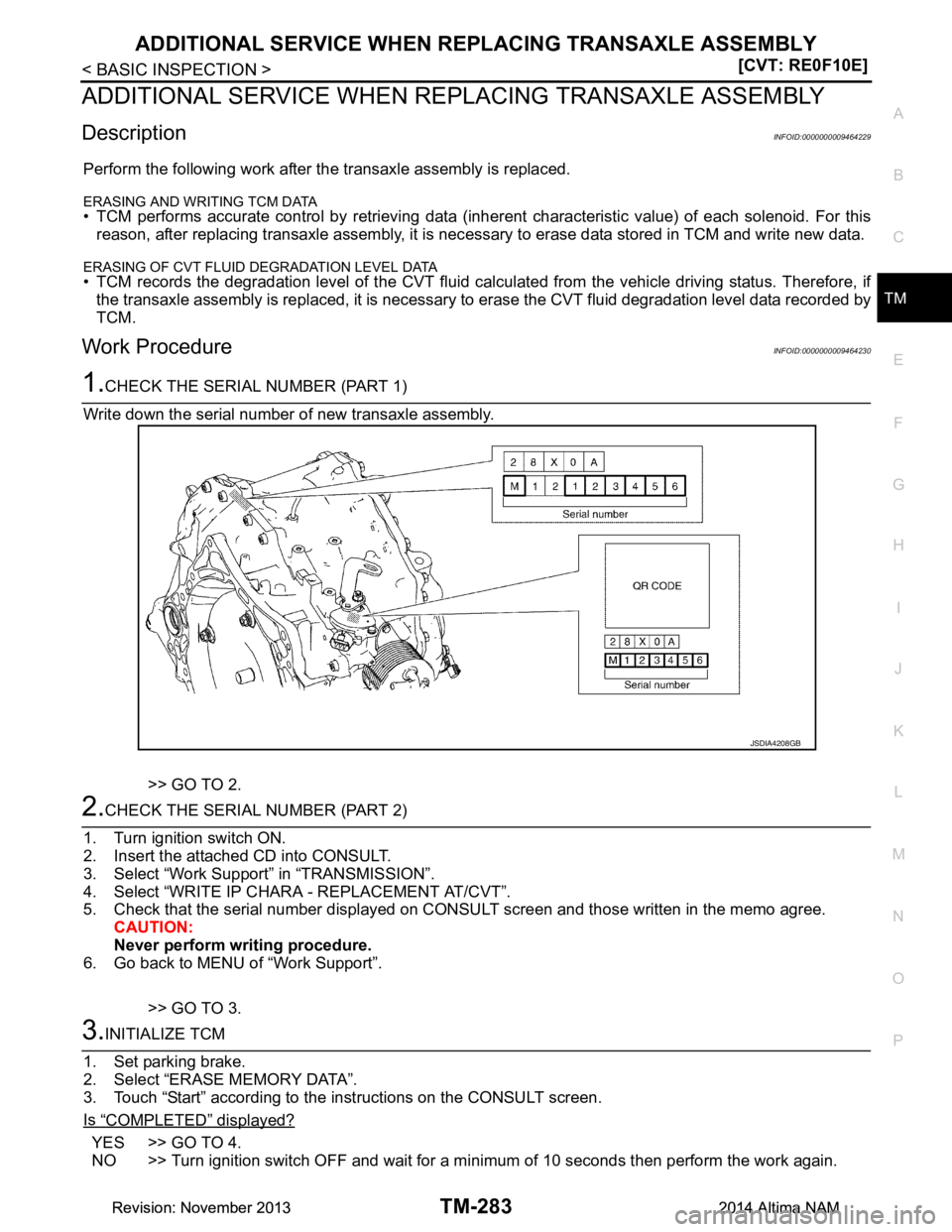 NISSAN TEANA 2014  Service Manual 
ADDITIONAL SERVICE WHEN REPLACING TRANSAXLE ASSEMBLY
TM-283
< BASIC INSPECTION > [CVT: RE0F10E]
C
EF
G H
I
J
K L
M A 
B
TM
N
O P
ADDITIONAL SERVICE WHEN RE PLACING TRANSAXLE ASSEMBLY
DescriptionINFOI