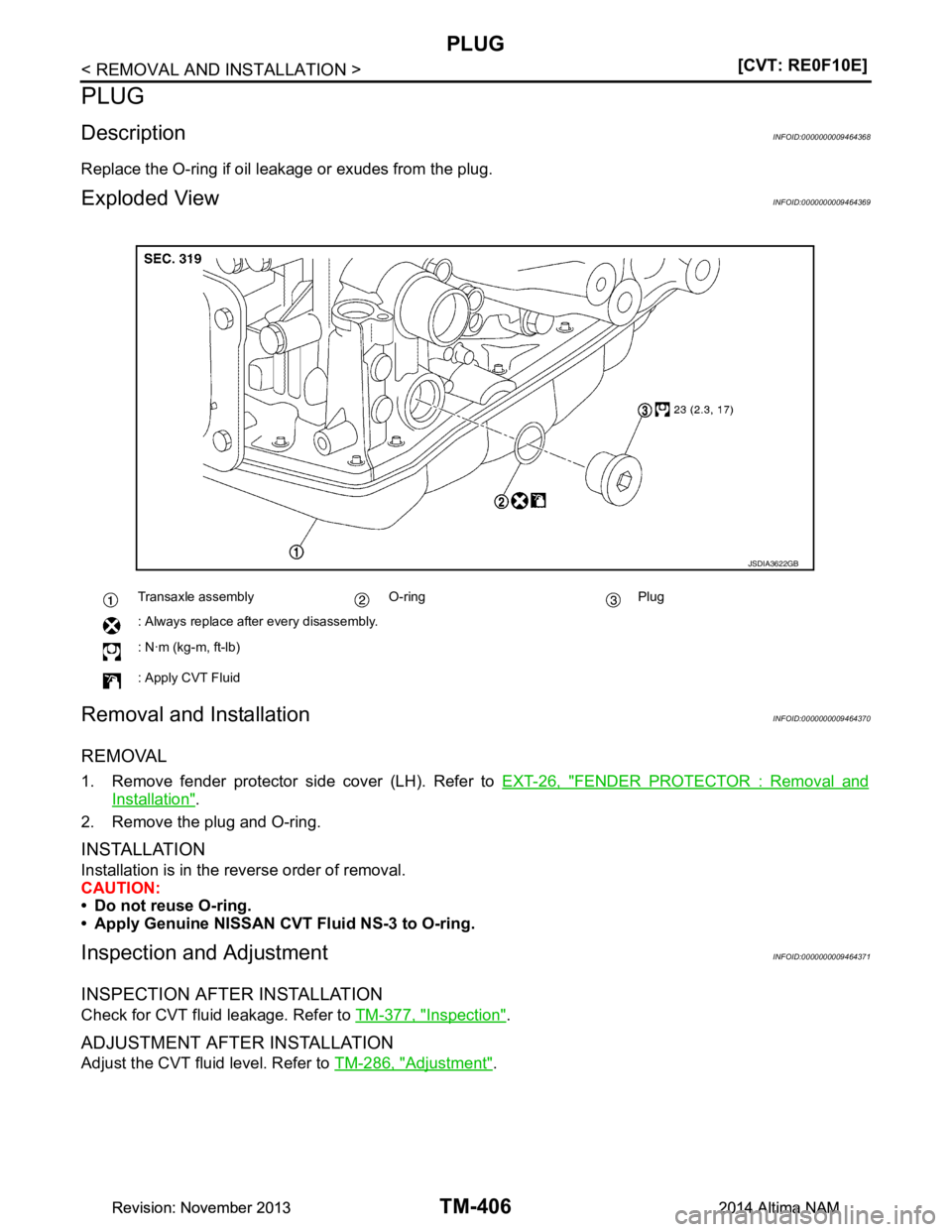 NISSAN TEANA 2014  Service Manual 
TM-406
< REMOVAL AND INSTALLATION >[CVT: RE0F10E]
PLUG
PLUG
DescriptionINFOID:0000000009464368
Replace the O-ring if oil leakage or exudes from the plug.
Exploded ViewINFOID:0000000009464369
Removal 