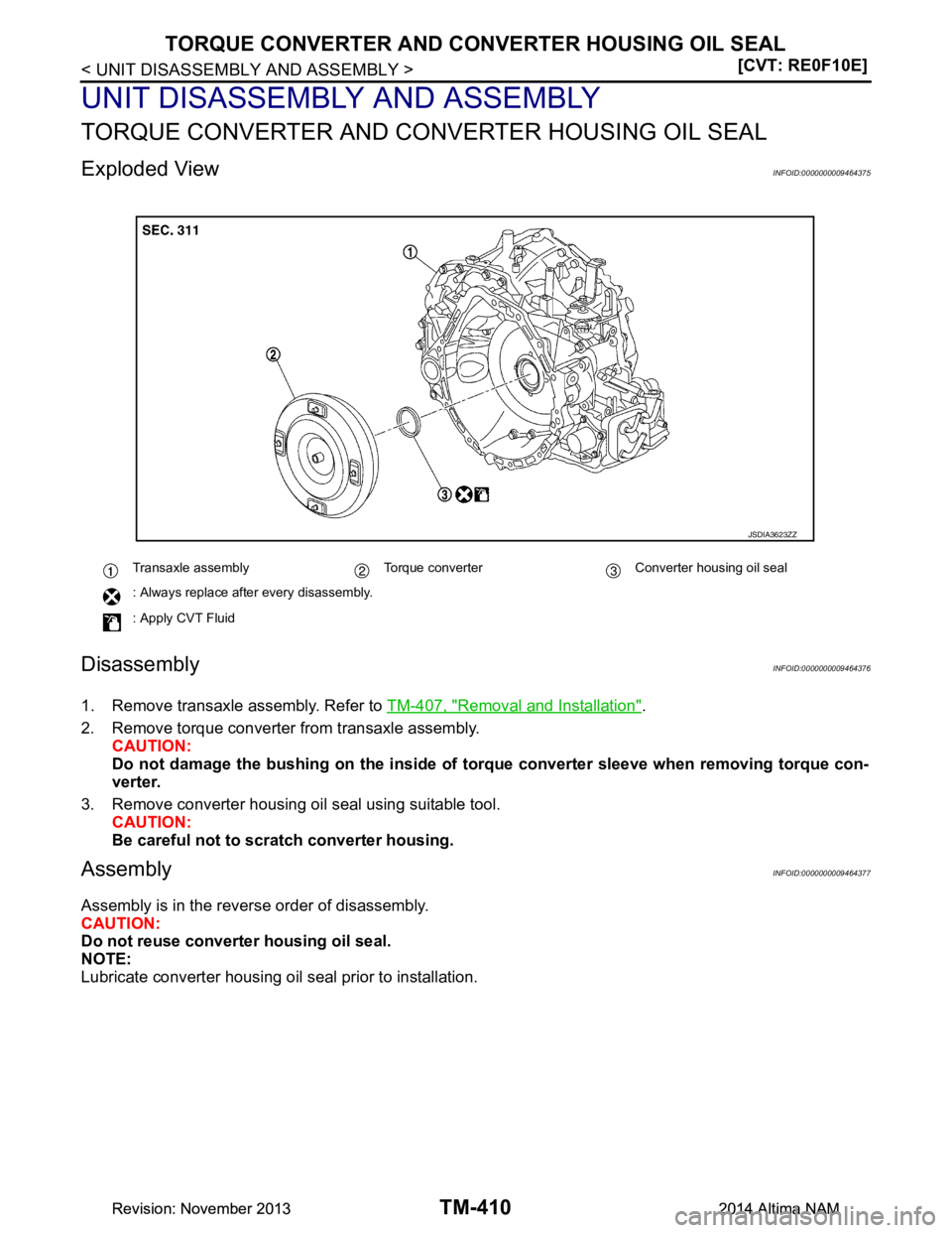 NISSAN TEANA 2014  Service Manual 
TM-410
< UNIT DISASSEMBLY AND ASSEMBLY >[CVT: RE0F10E]
TORQUE CONVERTER AND CONVERTER HOUSING OIL SEAL
UNIT DISASSEMBLY AND ASSEMBLY
TORQUE CONVERTER AND CONVERTER HOUSING OIL SEAL
Exploded ViewINFOI