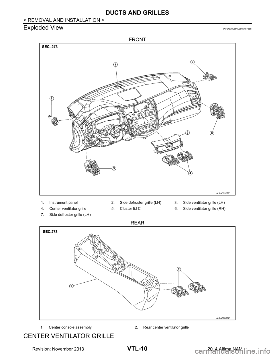 NISSAN TEANA 2014  Service Manual 
VTL-10
< REMOVAL AND INSTALLATION >
DUCTS AND GRILLES
Exploded View
INFOID:0000000009461586
FRONT
REAR
CENTER VENTIL AT O R  G R I L L E
ALIIA0637ZZ
1. Instrument panel 2. Side defroster grille (LH) 