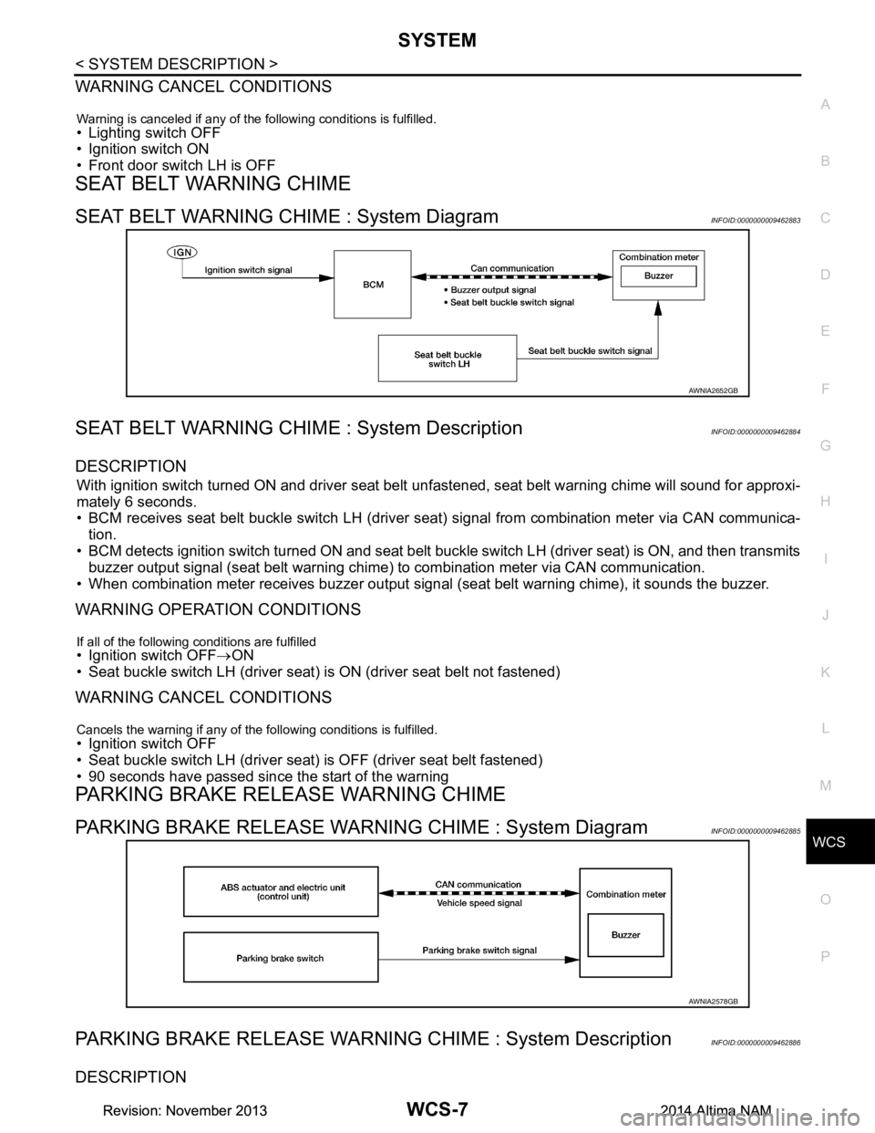 NISSAN TEANA 2014 Service Manual
WCS
SYSTEMWCS-7
< SYSTEM DESCRIPTION >
C
D E
F
G H
I
J
K L
M B
A
O P
WARNING CANCEL CONDITIONS
Warning is canceled if any of the following conditions is fulfilled.• Lighting switch OFF
• Ignit NISSAN TEANA 2014 Service Manual
WCS
SYSTEMWCS-7
< SYSTEM DESCRIPTION >
C
D E
F
G H
I
J
K L
M B
A
O P
WARNING CANCEL CONDITIONS
Warning is canceled if any of the following conditions is fulfilled.• Lighting switch OFF
• Ignit