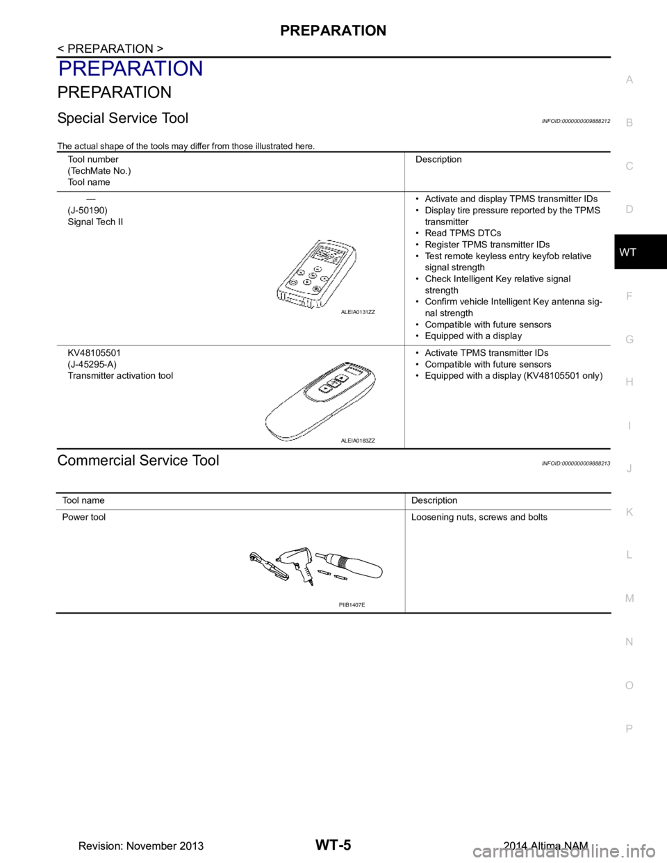 NISSAN TEANA 2014  Service Manual 
PREPARATIONWT-5
< PREPARATION >
C 
D
F
G H
I
J
K L
M A 
B
WT
N
O P
PREPARATION
PREPARATION
Special Service ToolINFOID:0000000009888212
The actual shape of the tools may di ffer from those illustrated