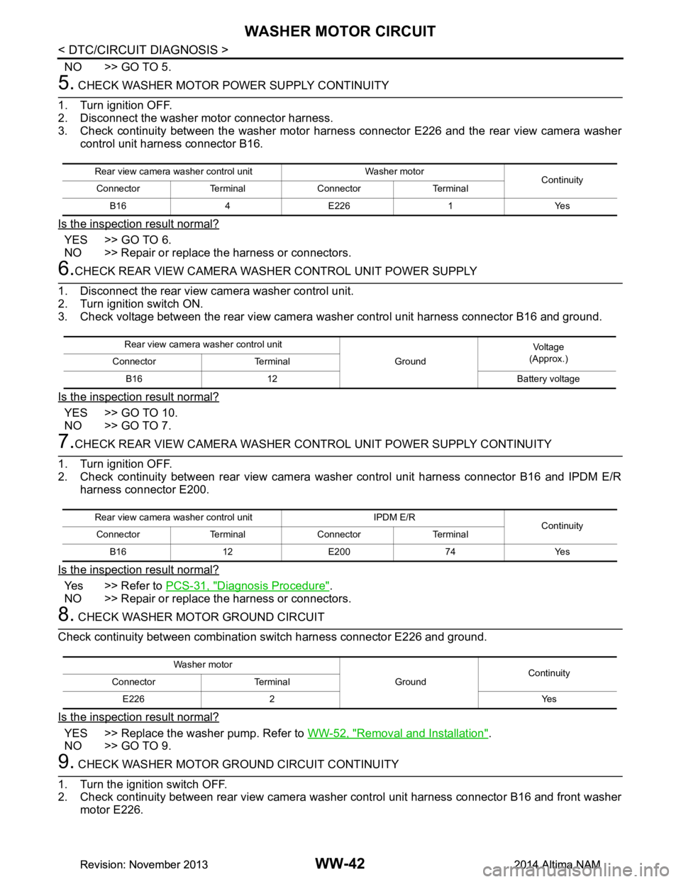 NISSAN TEANA 2014 Service Manual
WW-42
< DTC/CIRCUIT DIAGNOSIS >
WASHER MOTOR CIRCUIT
NO >> GO TO 5.
5. CHECK WASHER MOTOR POWER SUPPLY CONTINUITY
1. Turn ignition OFF.
2. Disconnect the washer motor connector harness.
3. Check con NISSAN TEANA 2014 Service Manual
WW-42
< DTC/CIRCUIT DIAGNOSIS >
WASHER MOTOR CIRCUIT
NO >> GO TO 5.
5. CHECK WASHER MOTOR POWER SUPPLY CONTINUITY
1. Turn ignition OFF.
2. Disconnect the washer motor connector harness.
3. Check con