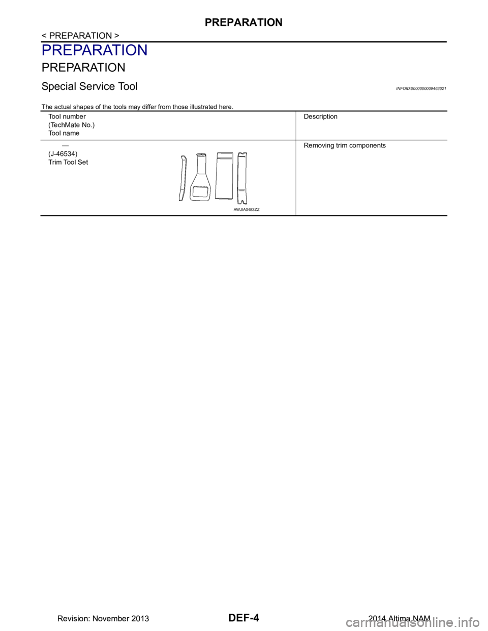 NISSAN TEANA 2014  Service Manual 
DEF-4
< PREPARATION >
PREPARATION
PREPARATION
PREPARATION
Special Service ToolINFOID:0000000009463021
The actual shapes of the tools may differ from those illustrated here.
Tool number 
(TechMate No.