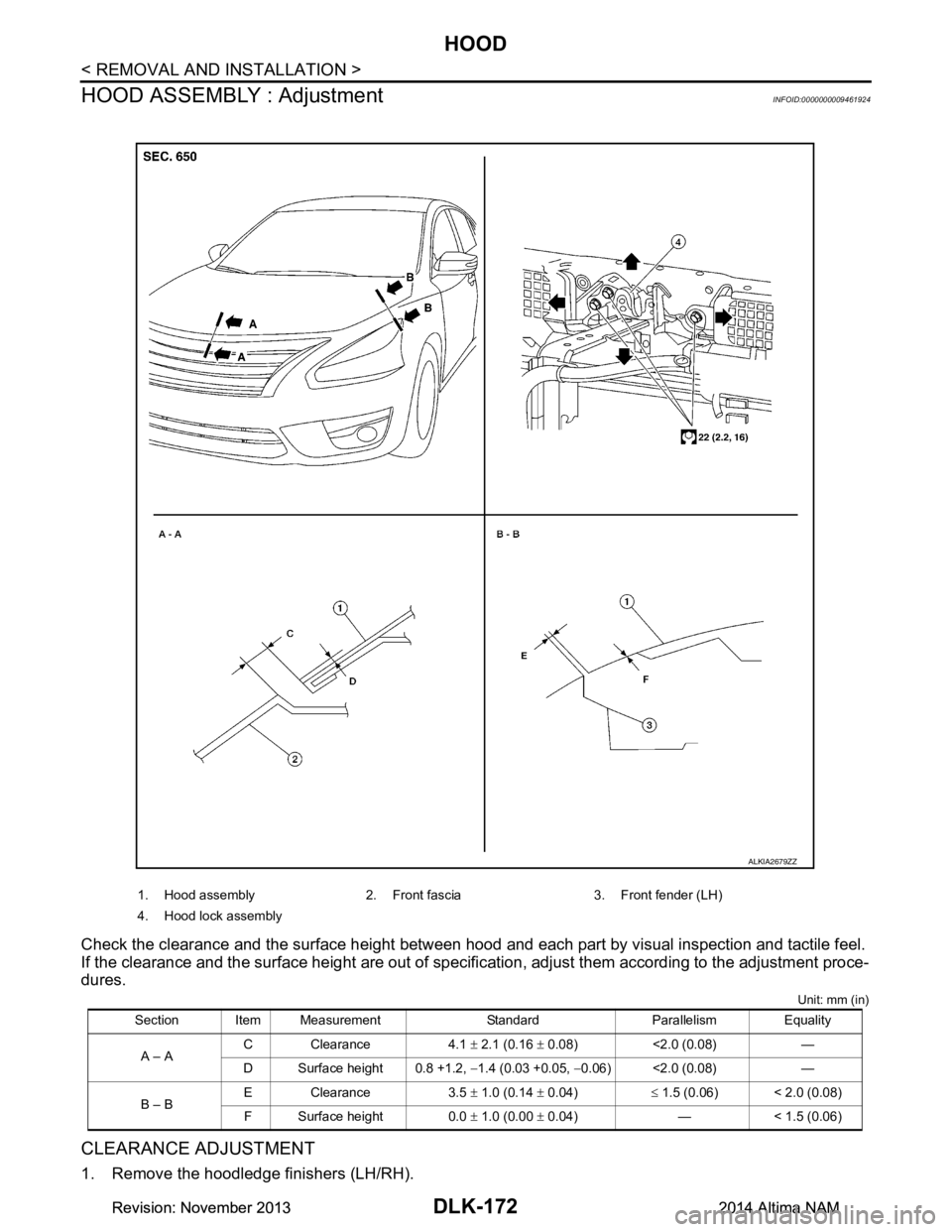 NISSAN TEANA 2014  Service Manual 
DLK-172
< REMOVAL AND INSTALLATION >
HOOD
HOOD ASSEMBLY : Adjustment
INFOID:0000000009461924
Check the clearance and the surface height between hood and  each part by visual inspection and tactile fe