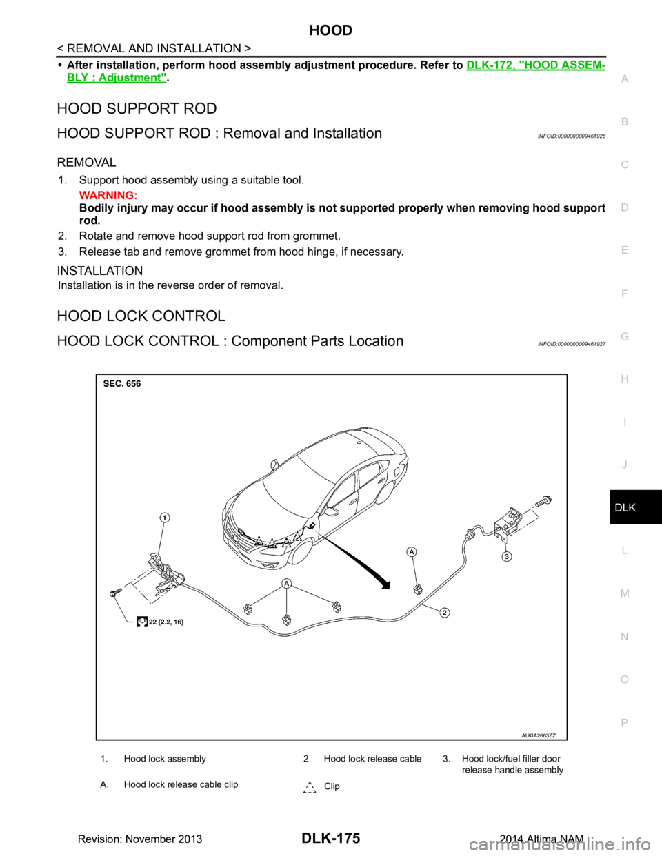 NISSAN TEANA 2014  Service Manual 
HOOD
DLK-175
< REMOVAL AND INSTALLATION >
C 
D E
F
G H
I
J
L
M A 
B
DLK
N
O P
• After installation, perform hood assem bly adjustment procedure. Refer to DLK-172, "HOOD ASSEM-
BLY : Adjustment".
HO