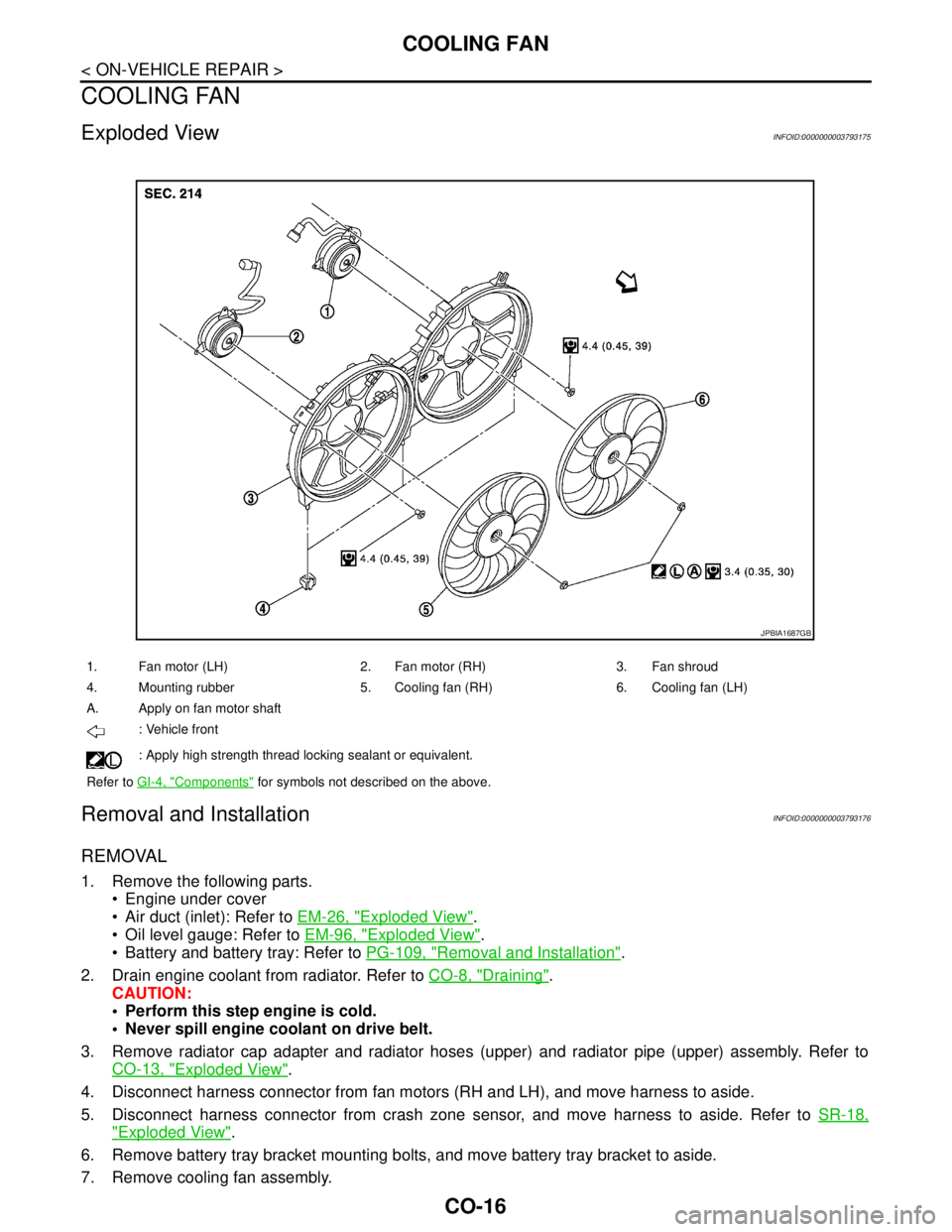 NISSAN TEANA 2008  Service Manual CO-16
< ON-VEHICLE REPAIR >
COOLING FAN
COOLING FAN
Exploded ViewINFOID:0000000003793175
Removal and InstallationINFOID:0000000003793176
REMOVAL
1. Remove the following parts.
 Engine under cover
 A
