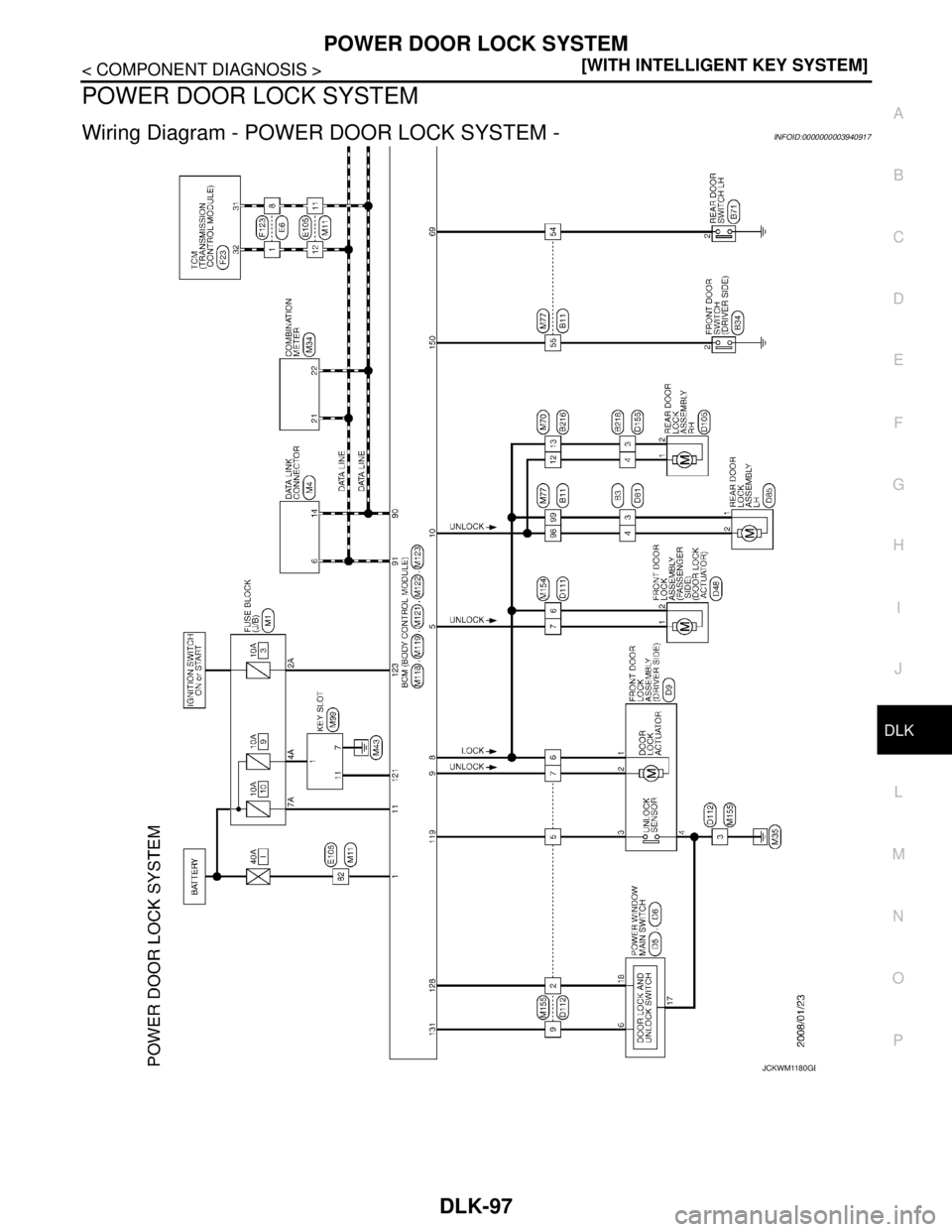 NISSAN TEANA 2008  Service Manual POWER DOOR LOCK SYSTEM
DLK-97
< COMPONENT DIAGNOSIS >[WITH INTELLIGENT KEY SYSTEM]
C
D
E
F
G
H
I
J
L
MA
B
DLK
N
O
P
POWER DOOR LOCK SYSTEM
Wiring Diagram - POWER DOOR LOCK SYSTEM -INFOID:0000000003940