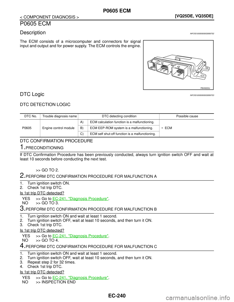 NISSAN TEANA 2008  Service Manual EC-240
< COMPONENT DIAGNOSIS >[VQ25DE, VQ35DE]
P0605 ECM
P0605 ECM
DescriptionINFOID:0000000003856702
The ECM consists of a microcomputer and connectors for signal
input and output and for power suppl