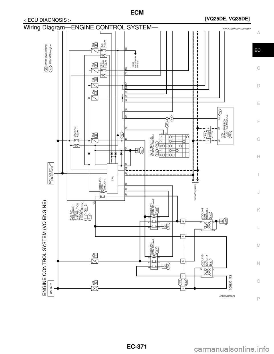 NISSAN TEANA 2008  Service Manual ECM
EC-371
< ECU DIAGNOSIS >[VQ25DE, VQ35DE]
C
D
E
F
G
H
I
J
K
L
MA
EC
N
P O
Wiring Diagram—ENGINE CONTROL SYSTEM—INFOID:0000000003856869
JCBWM0560GB 