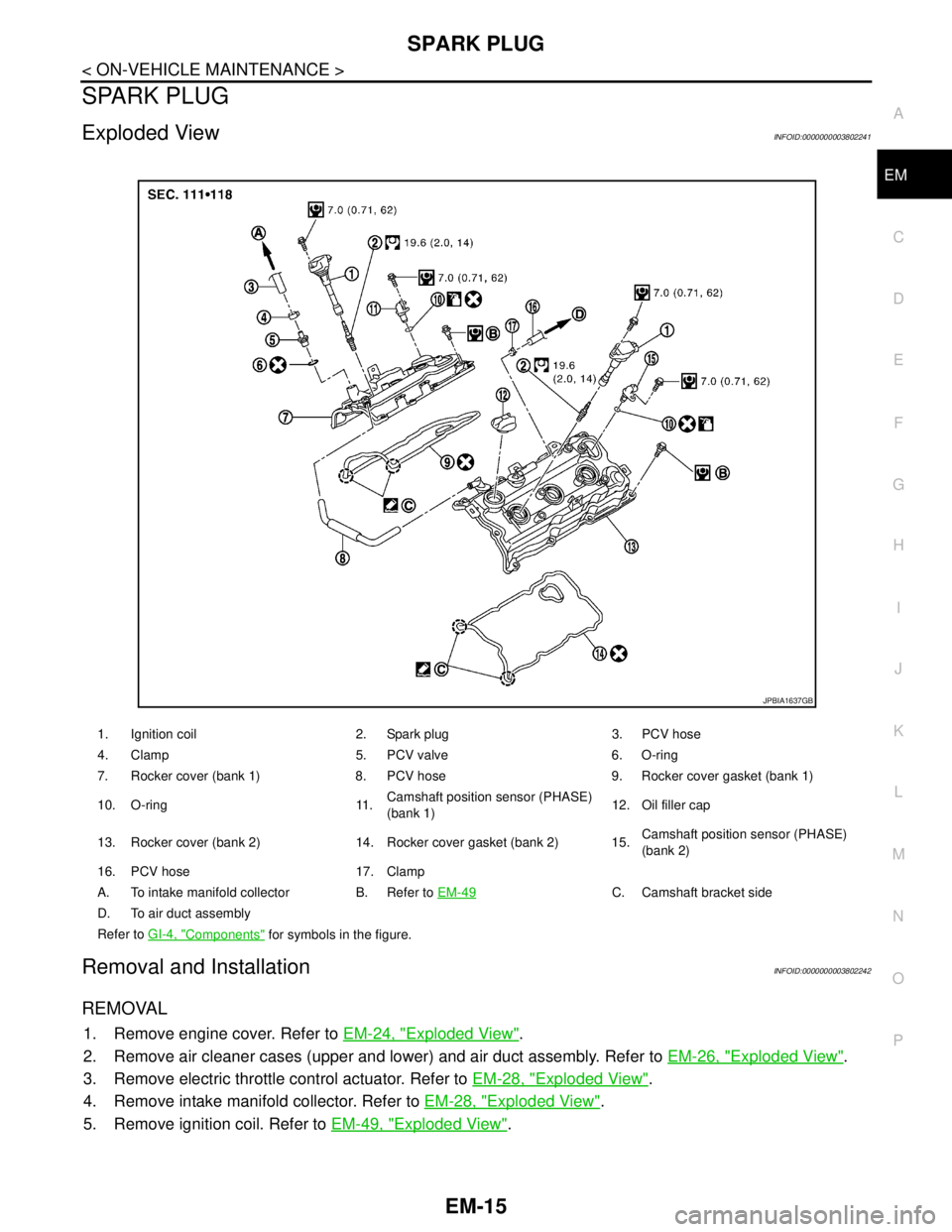 NISSAN TEANA 2008 Service Manual SPARK PLUG
EM-15
< ON-VEHICLE MAINTENANCE >
C
D
E
F
G
H
I
J
K
L
MA
EM
N
P O
SPARK PLUG
Exploded ViewINFOID:0000000003802241
Removal and InstallationINFOID:0000000003802242
REMOVAL
1. Remove engine cov NISSAN TEANA 2008 Service Manual SPARK PLUG
EM-15
< ON-VEHICLE MAINTENANCE >
C
D
E
F
G
H
I
J
K
L
MA
EM
N
P O
SPARK PLUG
Exploded ViewINFOID:0000000003802241
Removal and InstallationINFOID:0000000003802242
REMOVAL
1. Remove engine cov