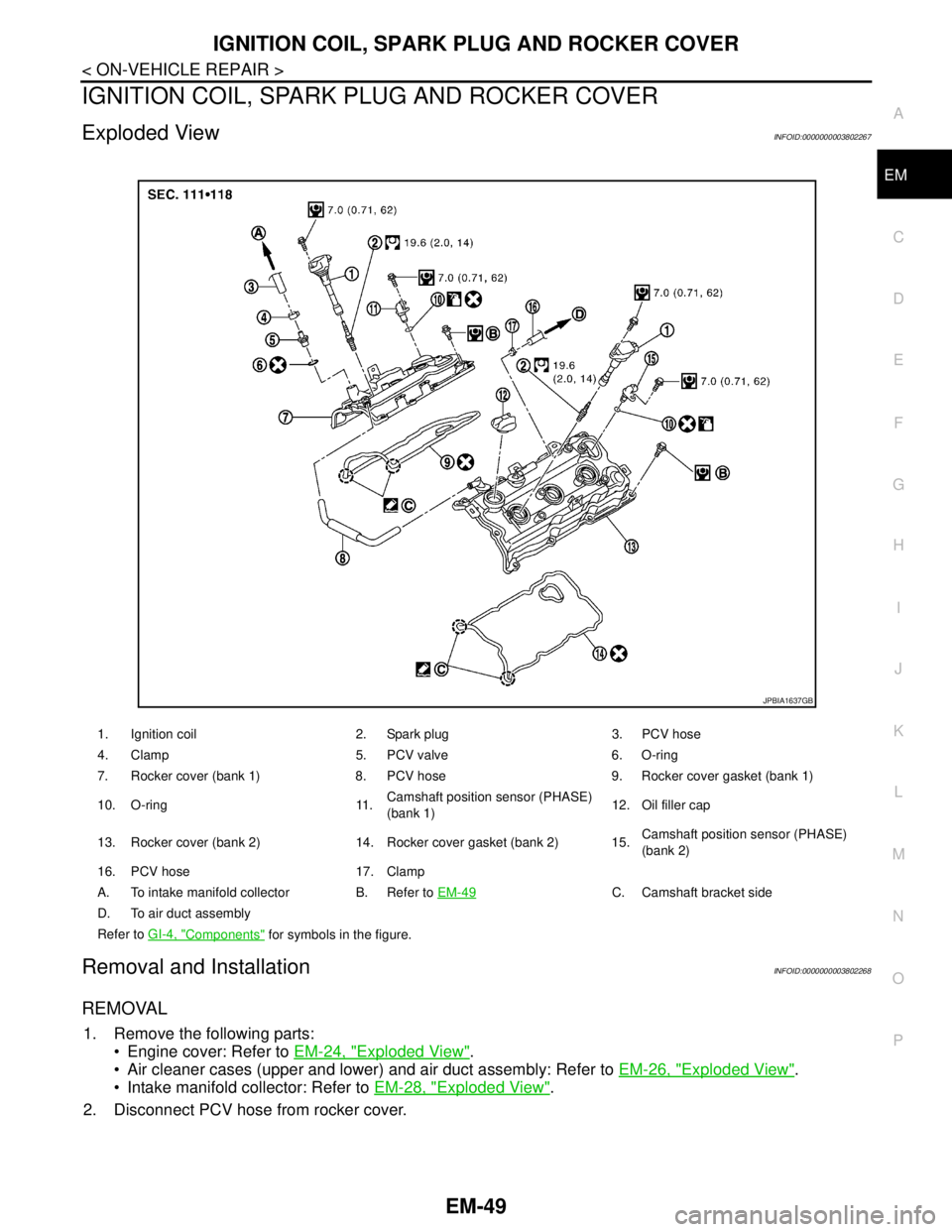 NISSAN TEANA 2008  Service Manual IGNITION COIL, SPARK PLUG AND ROCKER COVER
EM-49
< ON-VEHICLE REPAIR >
C
D
E
F
G
H
I
J
K
L
MA
EM
N
P O
IGNITION COIL, SPARK PLUG AND ROCKER COVER
Exploded ViewINFOID:0000000003802267
Removal and Insta