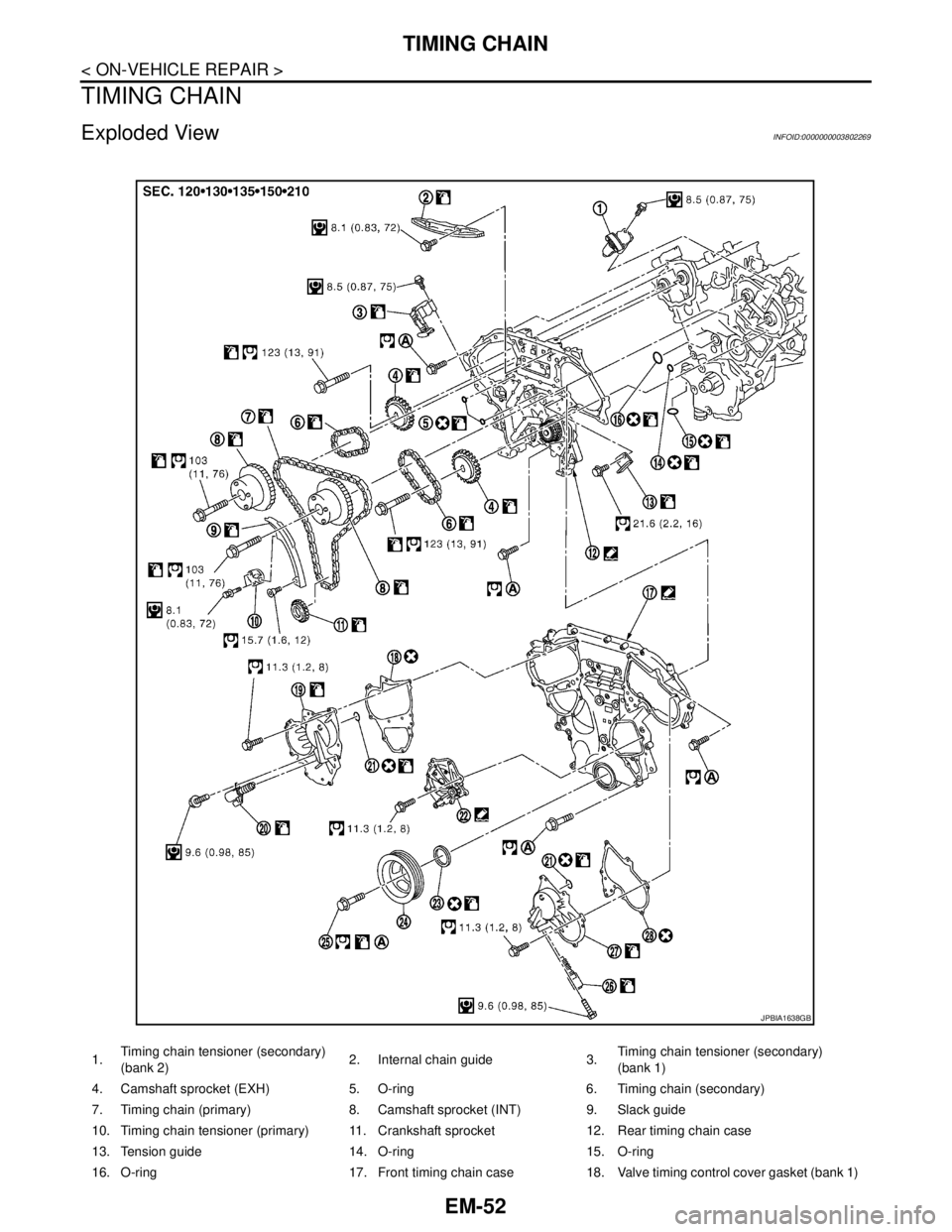 NISSAN TEANA 2008  Service Manual EM-52
< ON-VEHICLE REPAIR >
TIMING CHAIN
TIMING CHAIN
Exploded ViewINFOID:0000000003802269
1.Timing chain tensioner (secondary)
(bank 2)2. Internal chain guide 3.Timing chain tensioner (secondary)
(ba