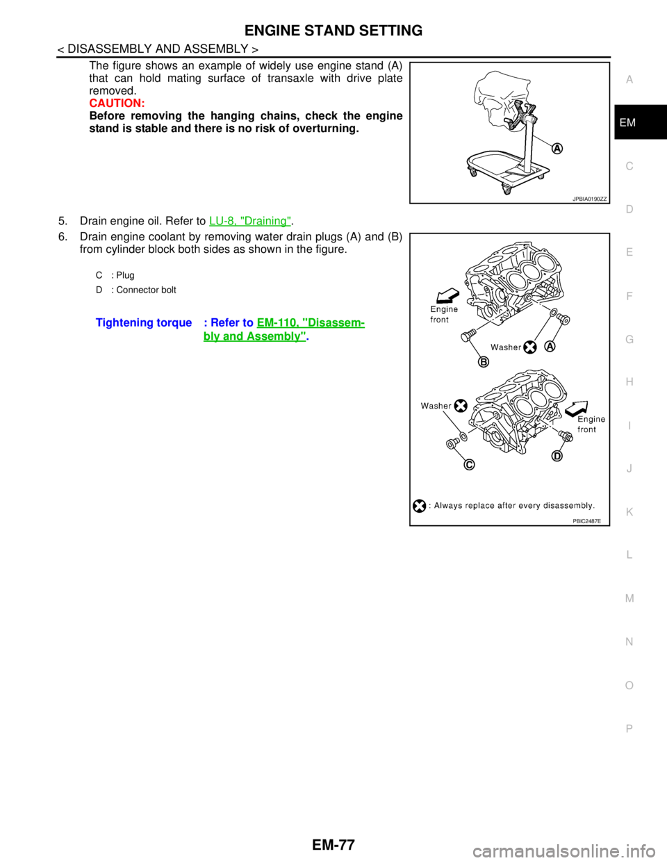 NISSAN TEANA 2008  Service Manual ENGINE STAND SETTING
EM-77
< DISASSEMBLY AND ASSEMBLY >
C
D
E
F
G
H
I
J
K
L
MA
EM
N
P O
The figure shows an example of widely use engine stand (A)
that can hold mating surface of transaxle with drive 