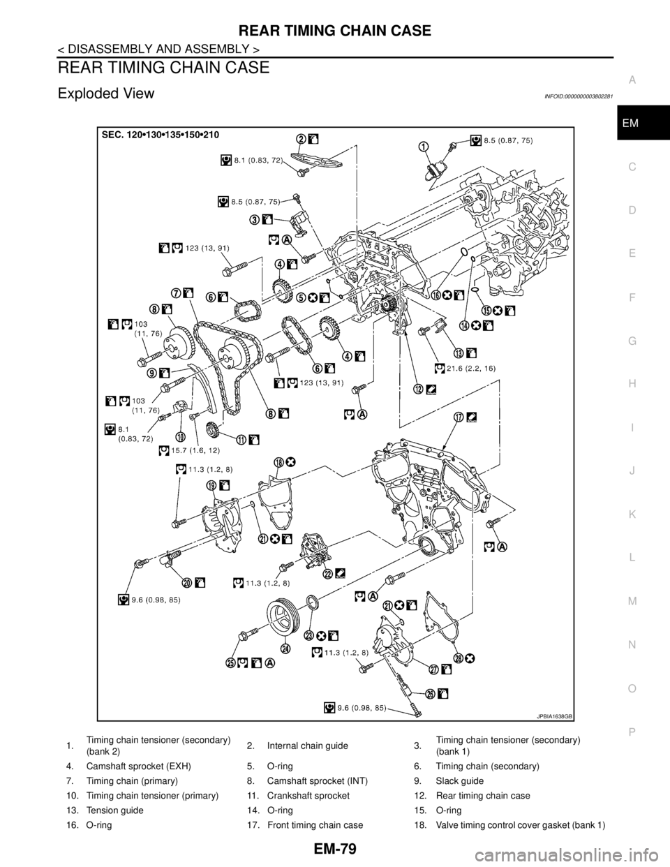 NISSAN TEANA 2008  Service Manual REAR TIMING CHAIN CASE
EM-79
< DISASSEMBLY AND ASSEMBLY >
C
D
E
F
G
H
I
J
K
L
MA
EM
N
P O
REAR TIMING CHAIN CASE
Exploded ViewINFOID:0000000003802281
1.Timing chain tensioner (secondary)
(bank 2)2. In