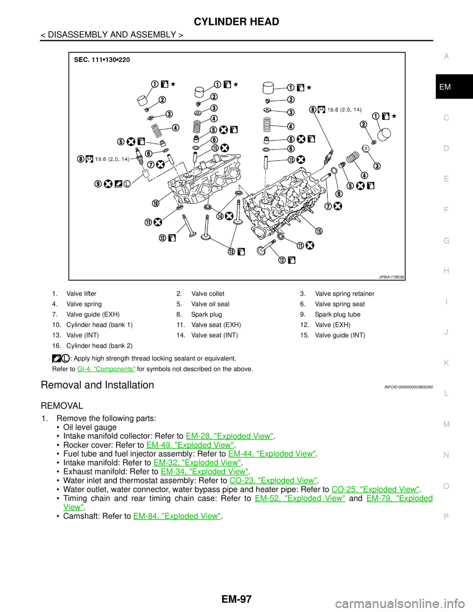 NISSAN TEANA 2008 Service Manual CYLINDER HEAD
EM-97
< DISASSEMBLY AND ASSEMBLY >
C
D
E
F
G
H
I
J
K
L
MA
EM
N
P O
Removal and InstallationINFOID:0000000003802290
REMOVAL
1. Remove the following parts:
Oil level gauge
Intake manif NISSAN TEANA 2008 Service Manual CYLINDER HEAD
EM-97
< DISASSEMBLY AND ASSEMBLY >
C
D
E
F
G
H
I
J
K
L
MA
EM
N
P O
Removal and InstallationINFOID:0000000003802290
REMOVAL
1. Remove the following parts:
Oil level gauge
Intake manif