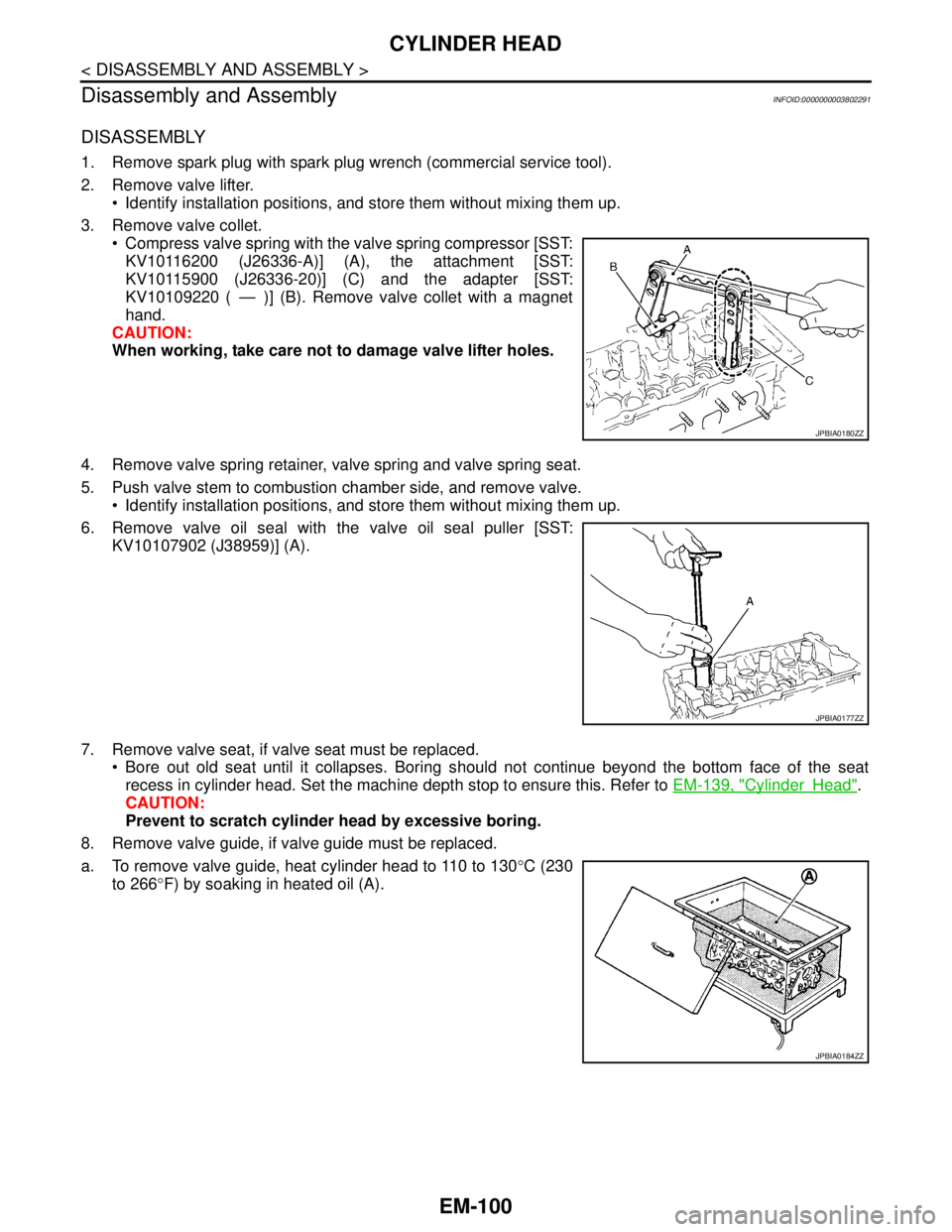 NISSAN TEANA 2008 Service Manual EM-100
< DISASSEMBLY AND ASSEMBLY >
CYLINDER HEAD
Disassembly and Assembly
INFOID:0000000003802291
DISASSEMBLY
1. Remove spark plug with spark plug wrench (commercial service tool).
2. Remove valve li NISSAN TEANA 2008 Service Manual EM-100
< DISASSEMBLY AND ASSEMBLY >
CYLINDER HEAD
Disassembly and Assembly
INFOID:0000000003802291
DISASSEMBLY
1. Remove spark plug with spark plug wrench (commercial service tool).
2. Remove valve li