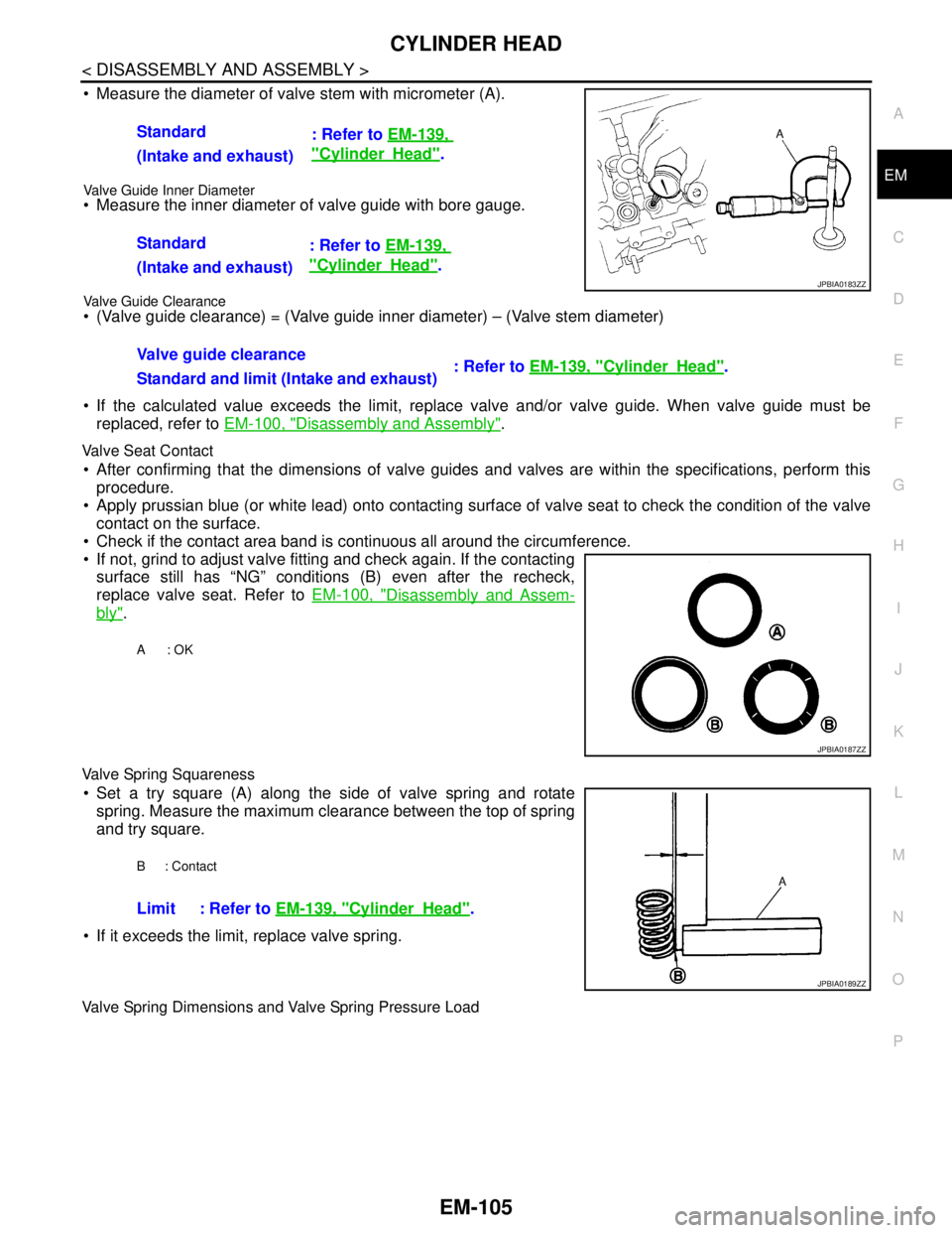NISSAN TEANA 2008 Service Manual CYLINDER HEAD
EM-105
< DISASSEMBLY AND ASSEMBLY >
C
D
E
F
G
H
I
J
K
L
MA
EM
N
P O
Measure the diameter of valve stem with micrometer (A).
Valve Guide Inner Diameter Measure the inner diameter of va NISSAN TEANA 2008 Service Manual CYLINDER HEAD
EM-105
< DISASSEMBLY AND ASSEMBLY >
C
D
E
F
G
H
I
J
K
L
MA
EM
N
P O
Measure the diameter of valve stem with micrometer (A).
Valve Guide Inner Diameter Measure the inner diameter of va