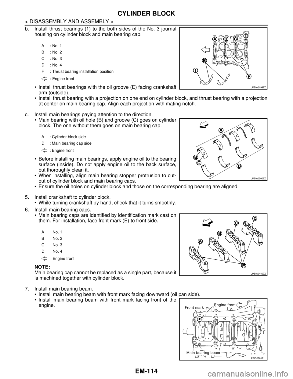 NISSAN TEANA 2008  Service Manual EM-114
< DISASSEMBLY AND ASSEMBLY >
CYLINDER BLOCK
b. Install thrust bearings (1) to the both sides of the No. 3 journal
housing on cylinder block and main bearing cap.
 Install thrust bearings with 